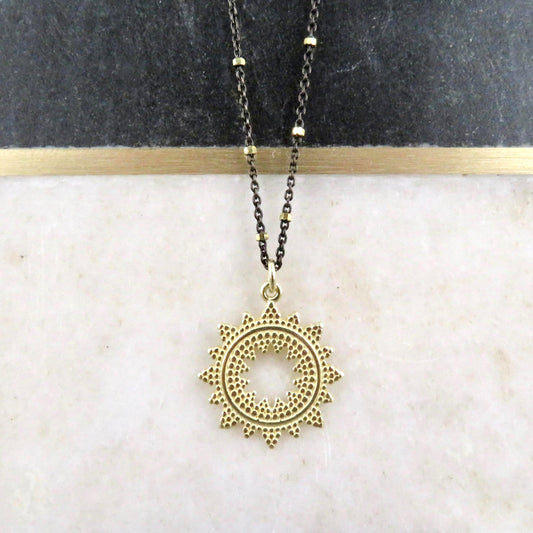Mixed Metal Starburst Pendant | Gold Sunburst Medallion | Two Toned Geometric Necklace | Contrast Pendant