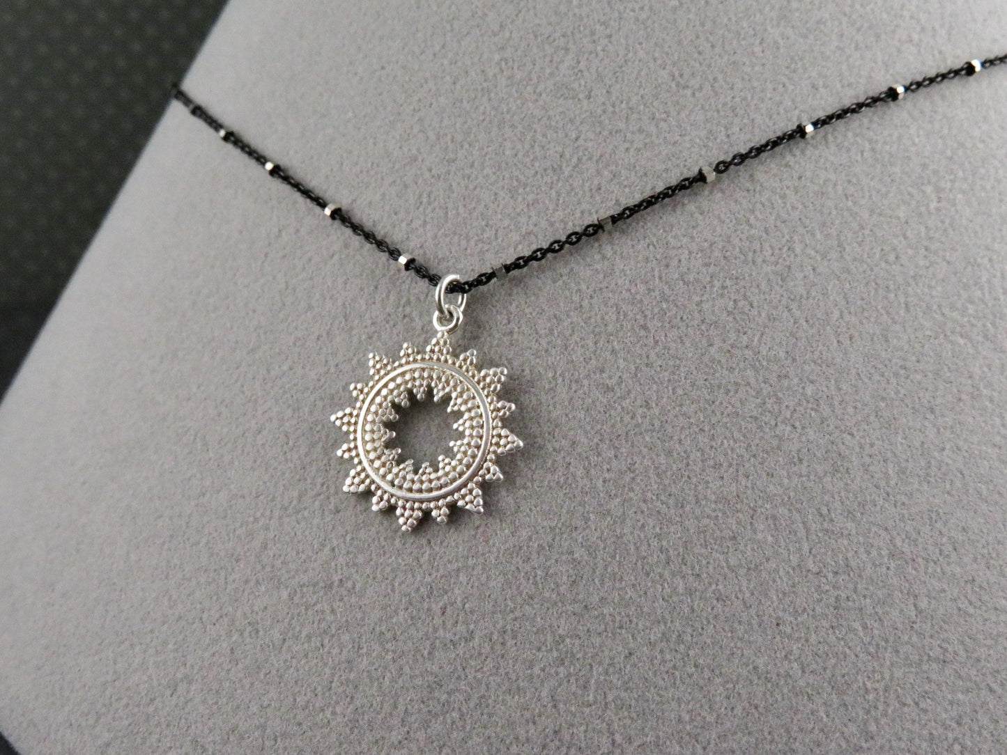 Silver Starburst Pendant | Sterling Sunburst Medallion | Contrast Geometric Necklace | Textures Open Star Pendant
