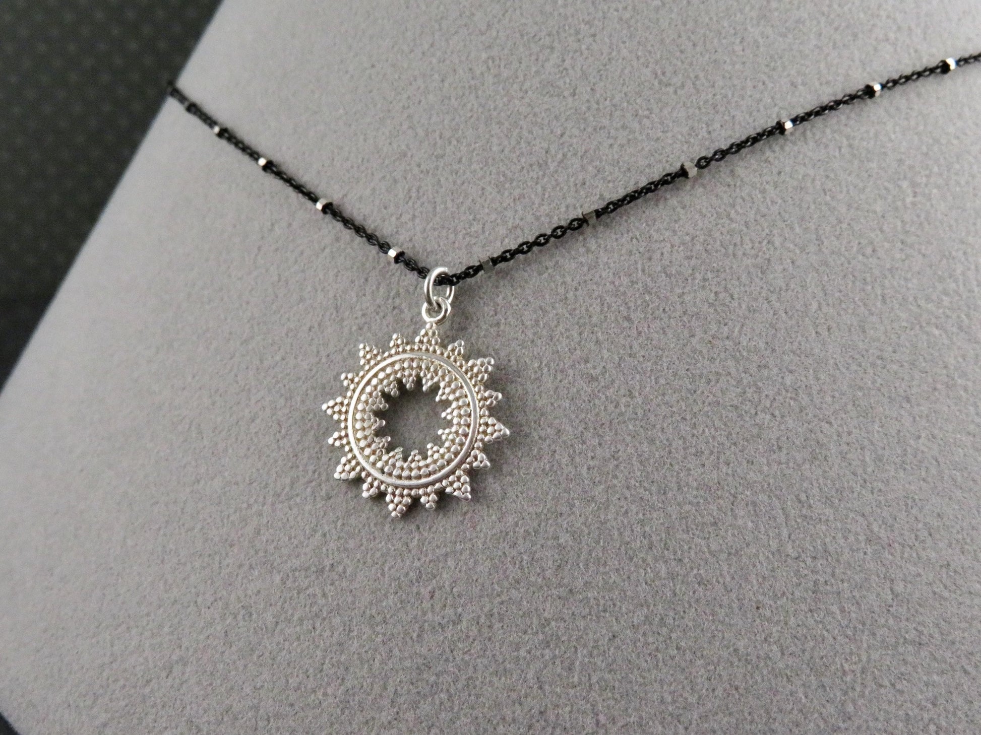 Silver Starburst Pendant | Sterling Sunburst Medallion | Contrast Geometric Necklace | Textures Open Star Pendant