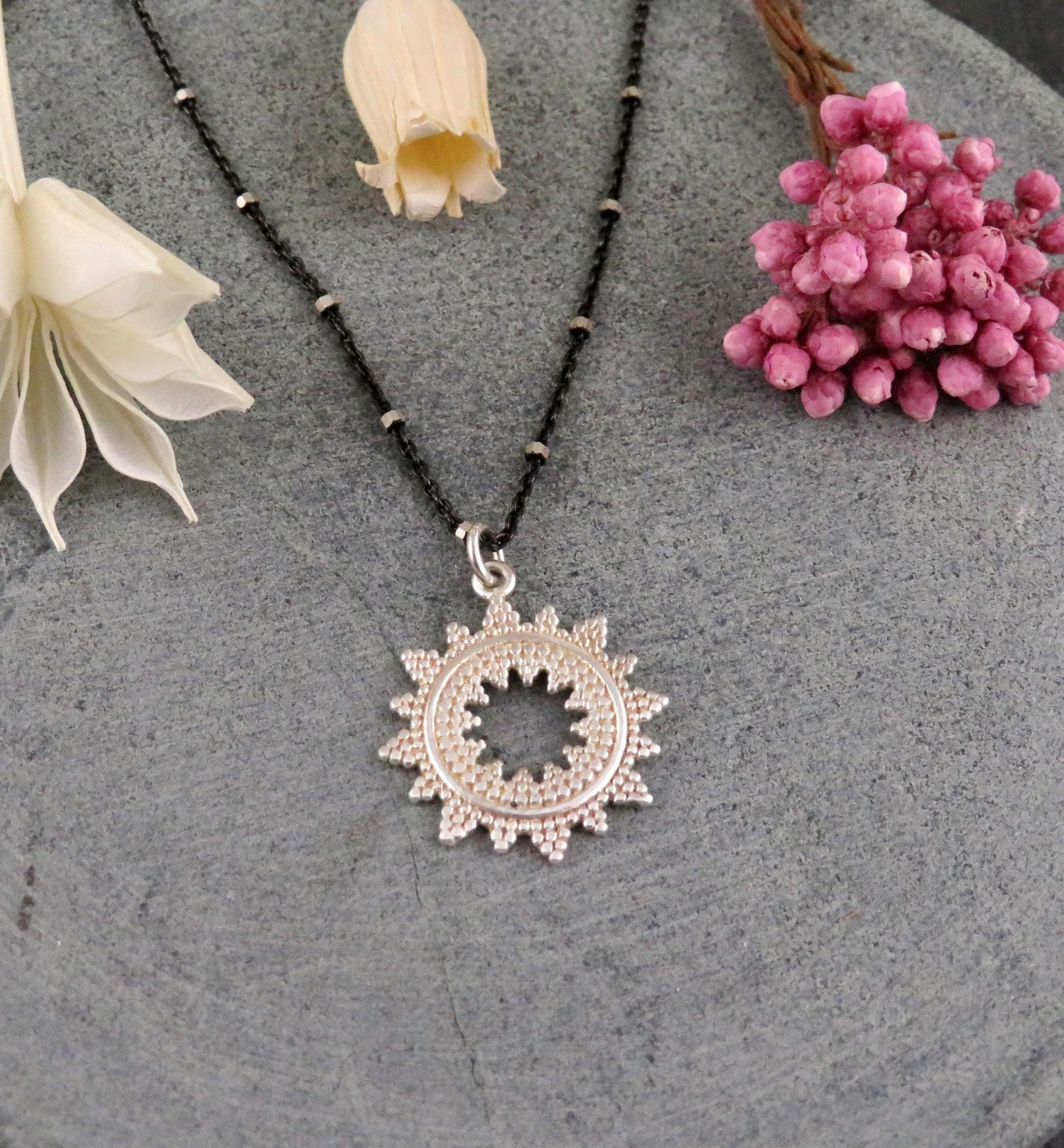 Silver Starburst Pendant | Sterling Sunburst Medallion | Contrast Geometric Necklace | Textures Open Star Pendant