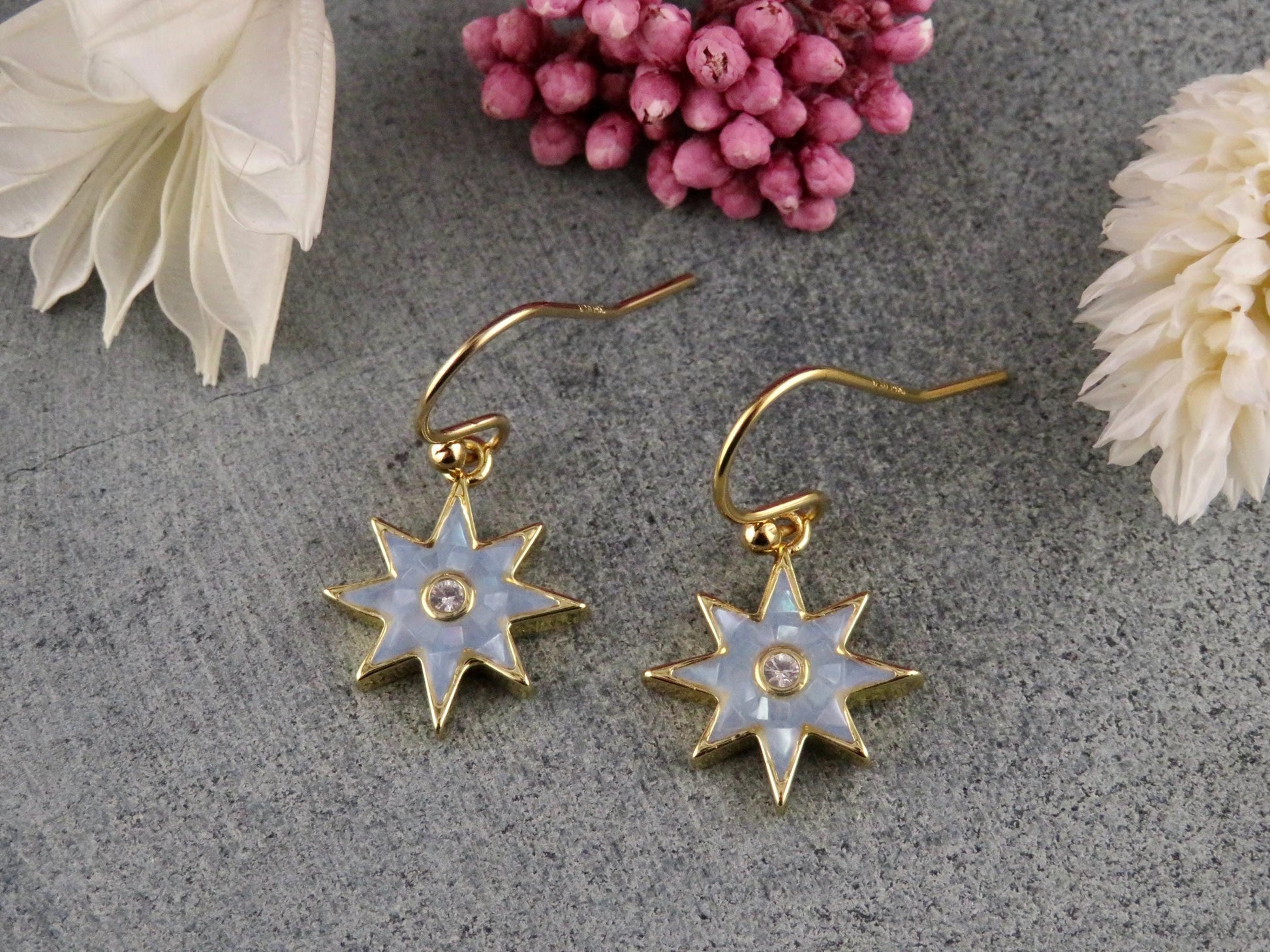 Gold Star Earrings | Mosaic Pearl Earrings | Mother of Pearl Earrings | Blue Pearl Earrings | Opalescent Earrings