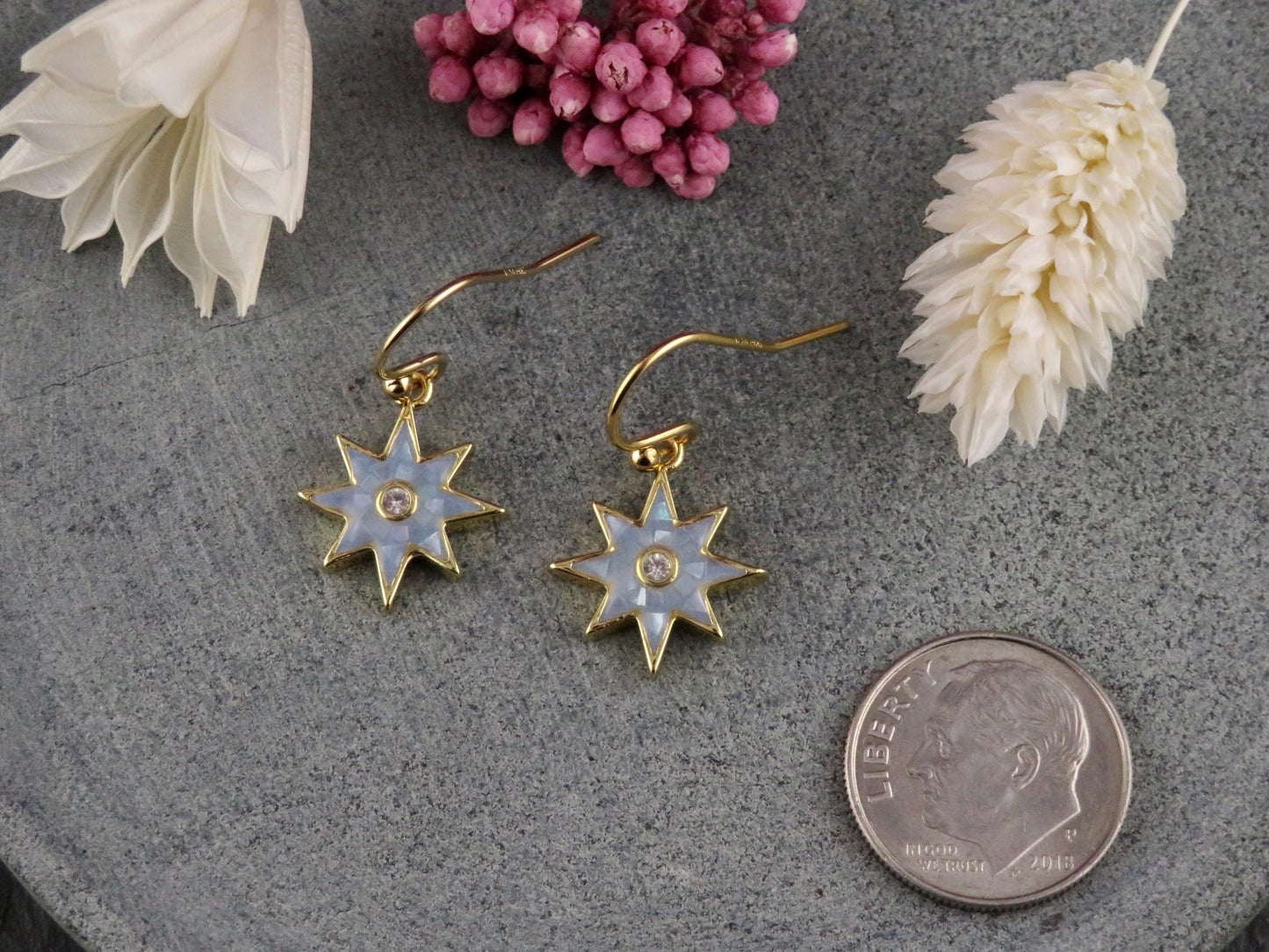 Gold Star Earrings | Mosaic Pearl Earrings | Mother of Pearl Earrings | Blue Pearl Earrings | Opalescent Earrings