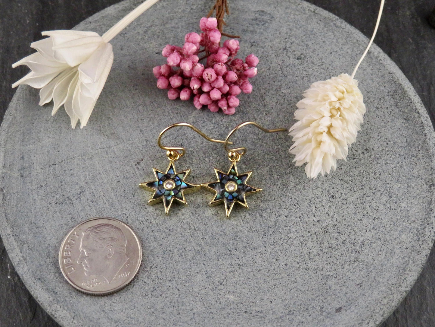 Gold Star Earrings | Mosaic Pearl Earrings | Mother of Pearl Earrings | Blue Pearl Earrings | Opalescent Earrings