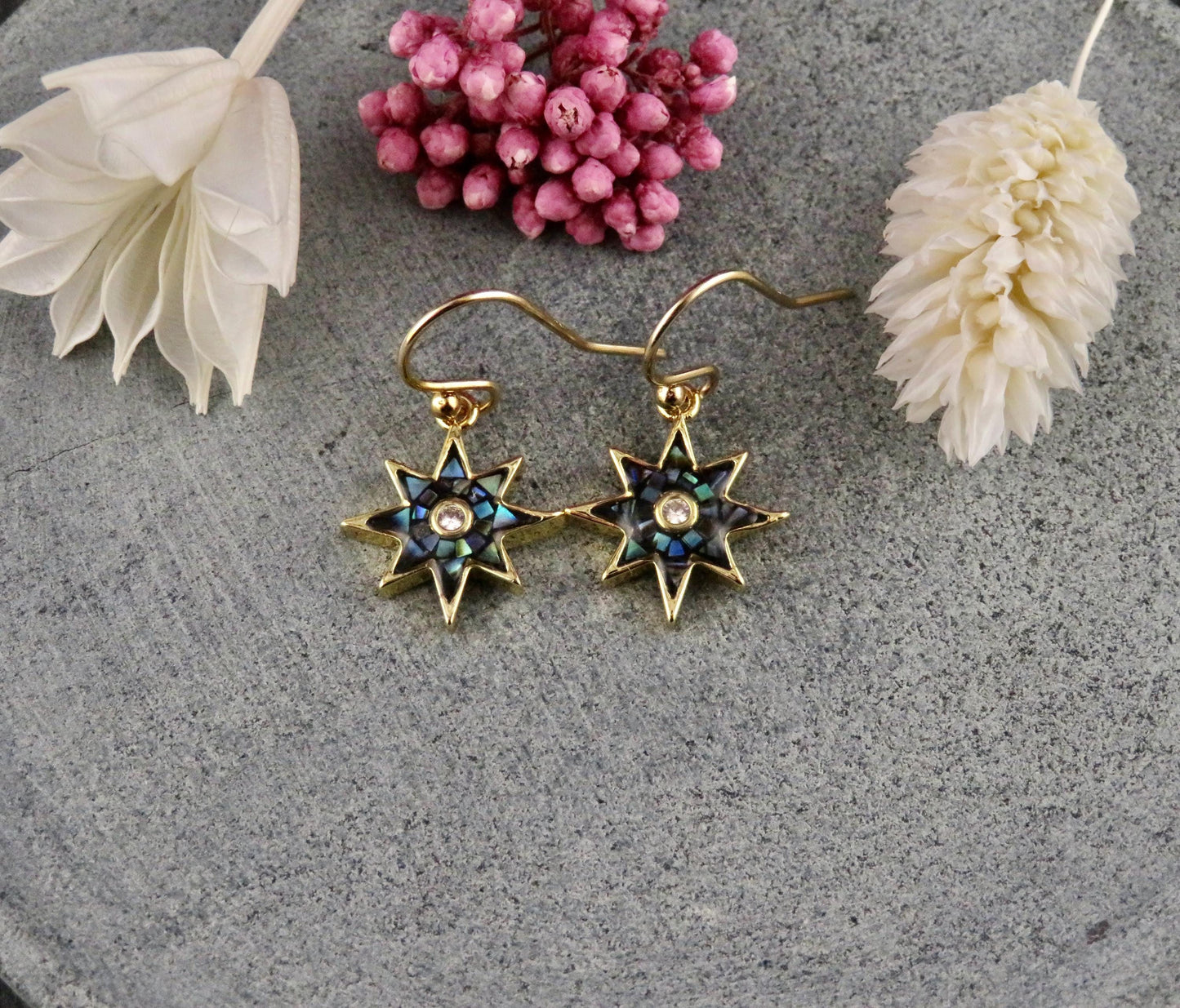 Gold Star Earrings | Mosaic Pearl Earrings | Mother of Pearl Earrings | Blue Pearl Earrings | Opalescent Earrings