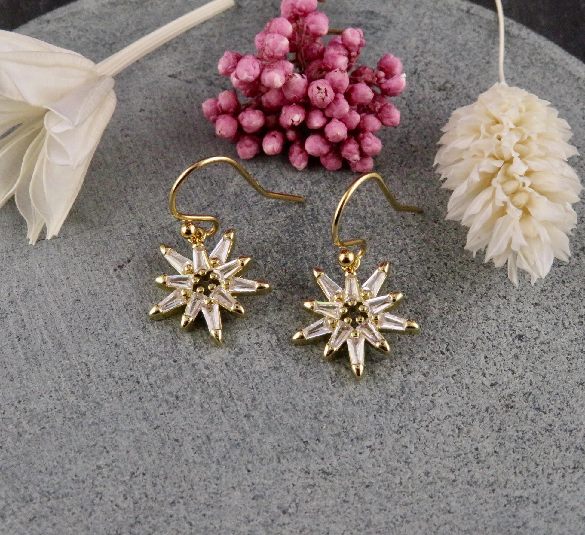 Sparkly Star Earrings | Gold CZ Earrings | Gold Starbursts | Crystal Gold Filled Earrings