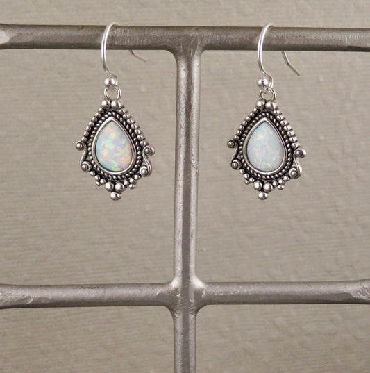 Sterling Opal Earrings | Silver Opal Teardrop Earrings | Detailed Earrings | Sterling Fancy Pendants