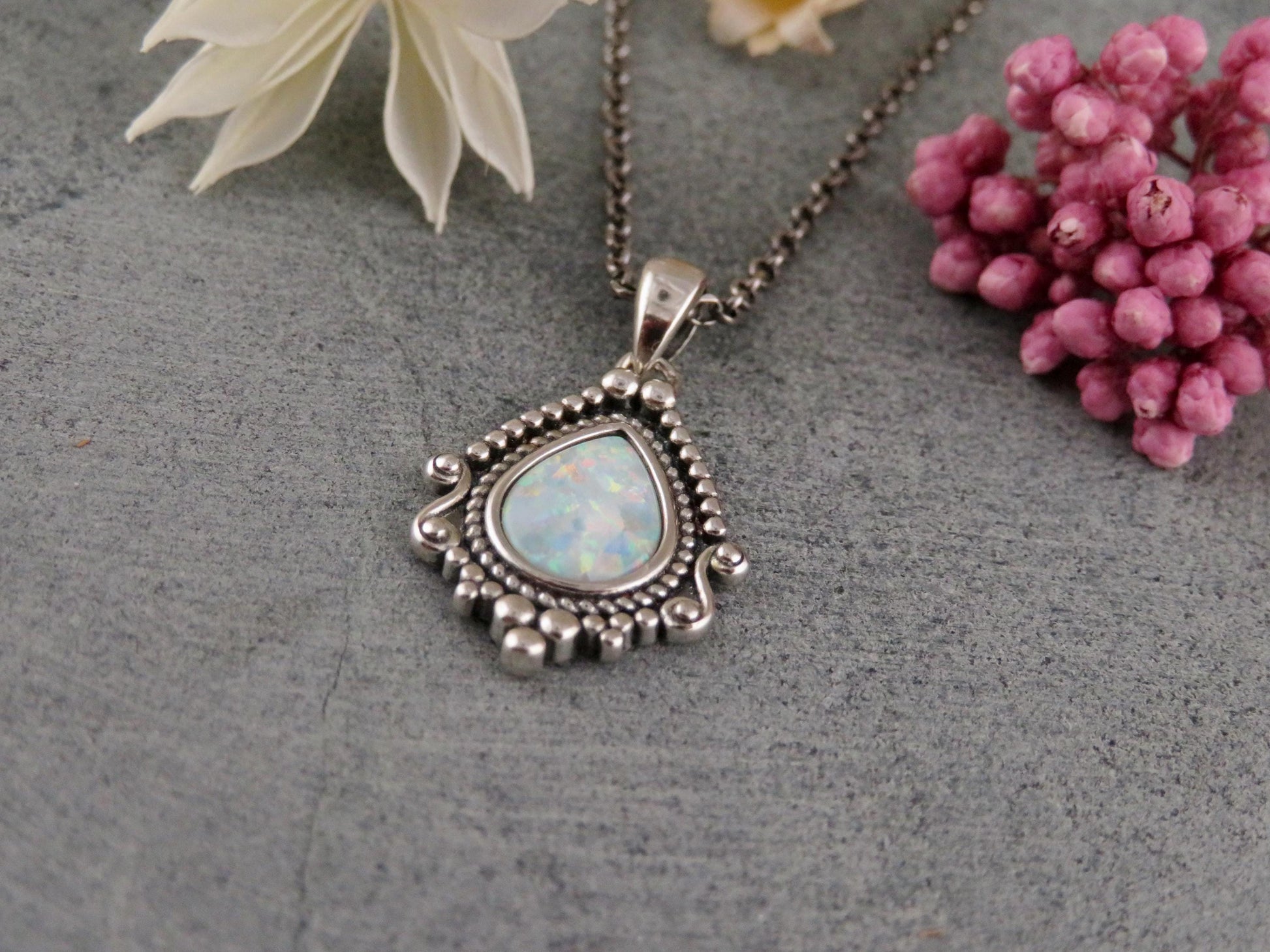 Sterling Opal Necklace | Silver Opal Teardrop Pendant | Detailed Silver Opal | Sterling Fancy Charm Necklace