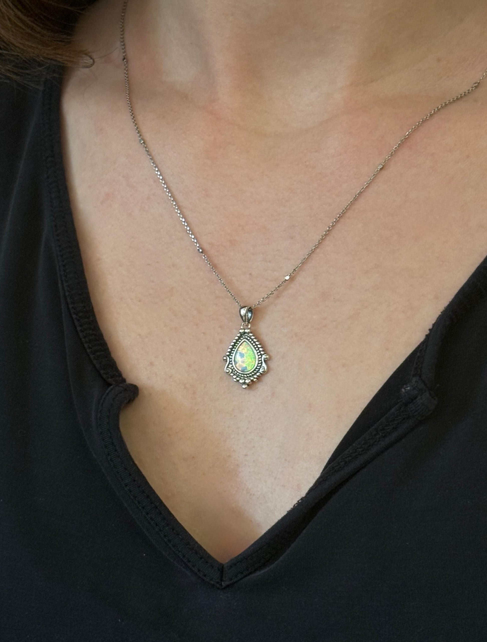 Sterling Opal Necklace | Silver Opal Teardrop Pendant | Detailed Silver Opal | Sterling Fancy Charm Necklace