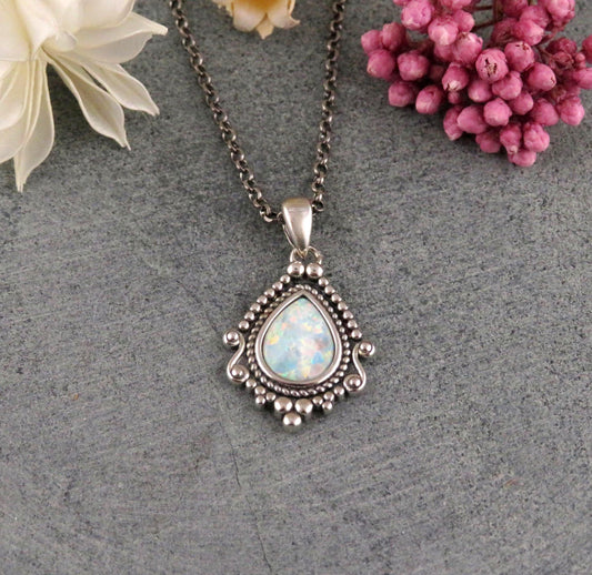 Sterling Opal Necklace | Silver Opal Teardrop Pendant | Detailed Silver Opal | Sterling Fancy Charm Necklace