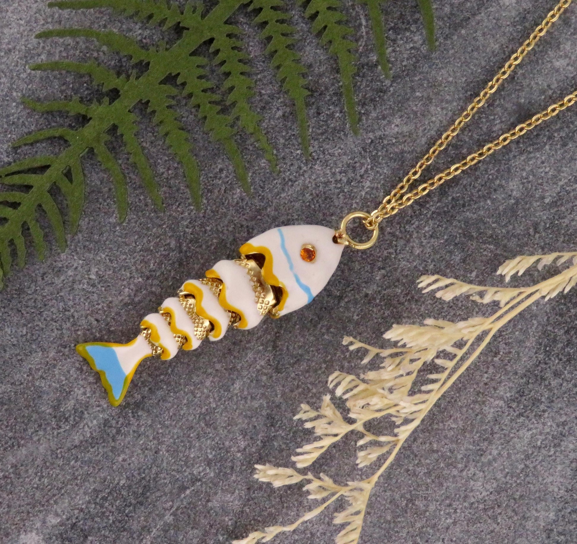 Colorful Fish Necklace | Enamel Gold Fish | Gold Articulated Fish Pendant | Sea Life Necklace