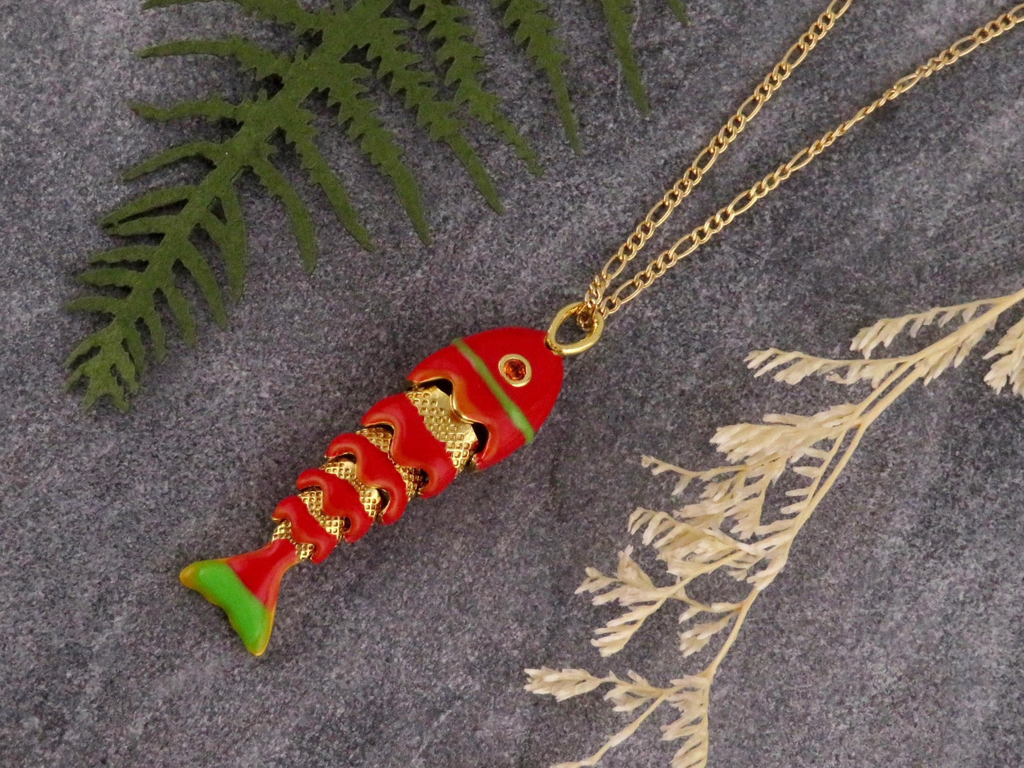 Colorful Fish Necklace | Enamel Gold Fish | Gold Articulated Fish Pendant | Sea Life Necklace