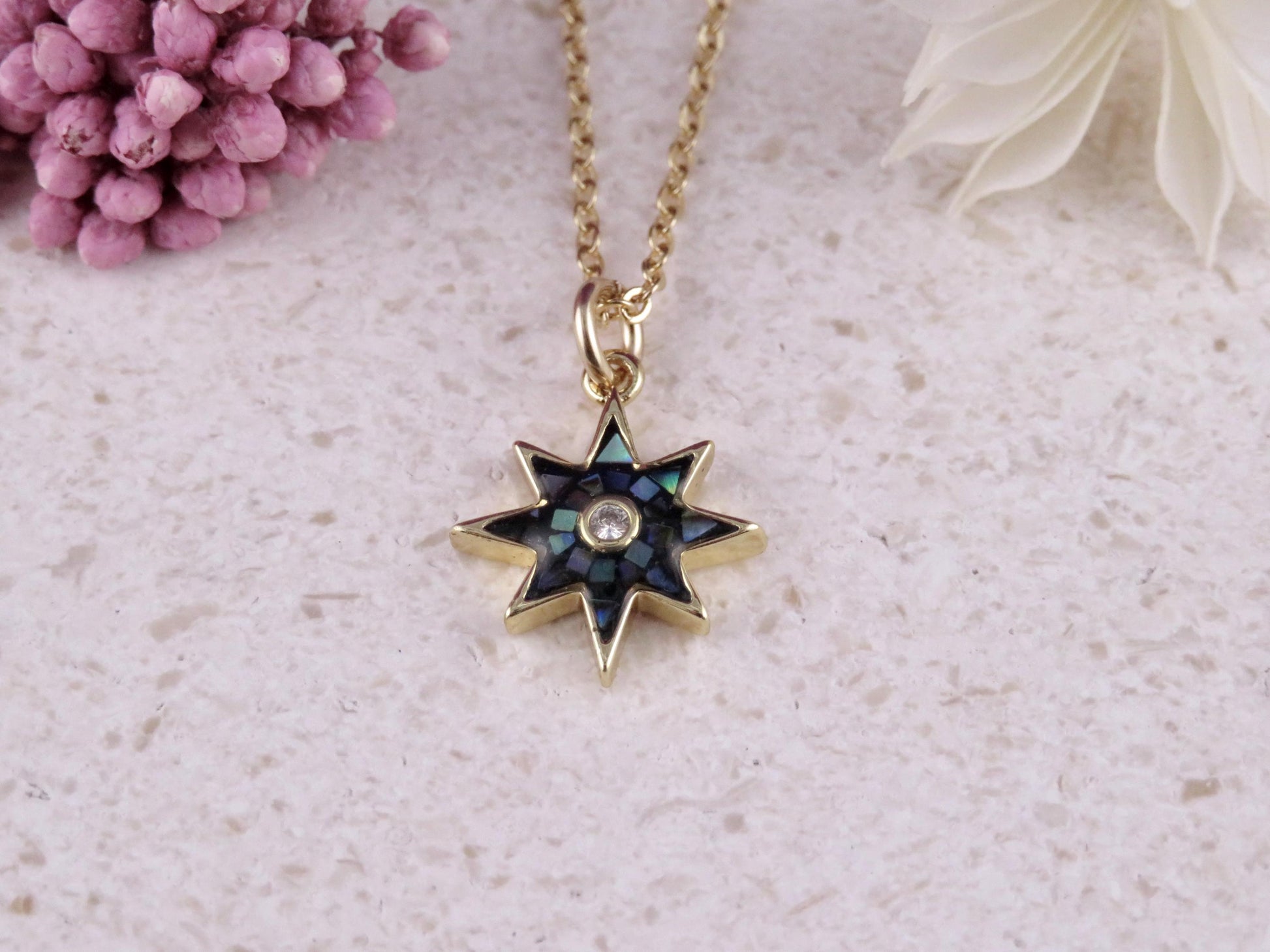 Gold Star Necklace | Mosaic Pearl Charm | Mother of Pearl Pendant | Dark Pearl Necklace | Opalescent Charm