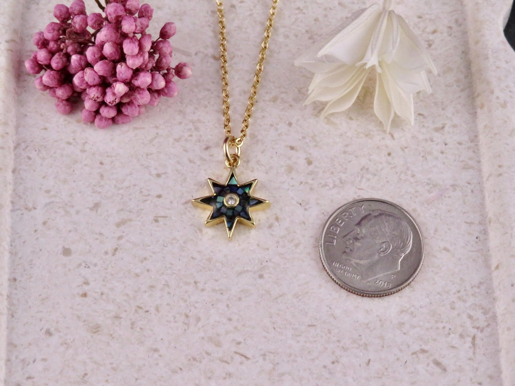 Gold Star Necklace | Mosaic Pearl Charm | Mother of Pearl Pendant | Dark Pearl Necklace | Opalescent Charm
