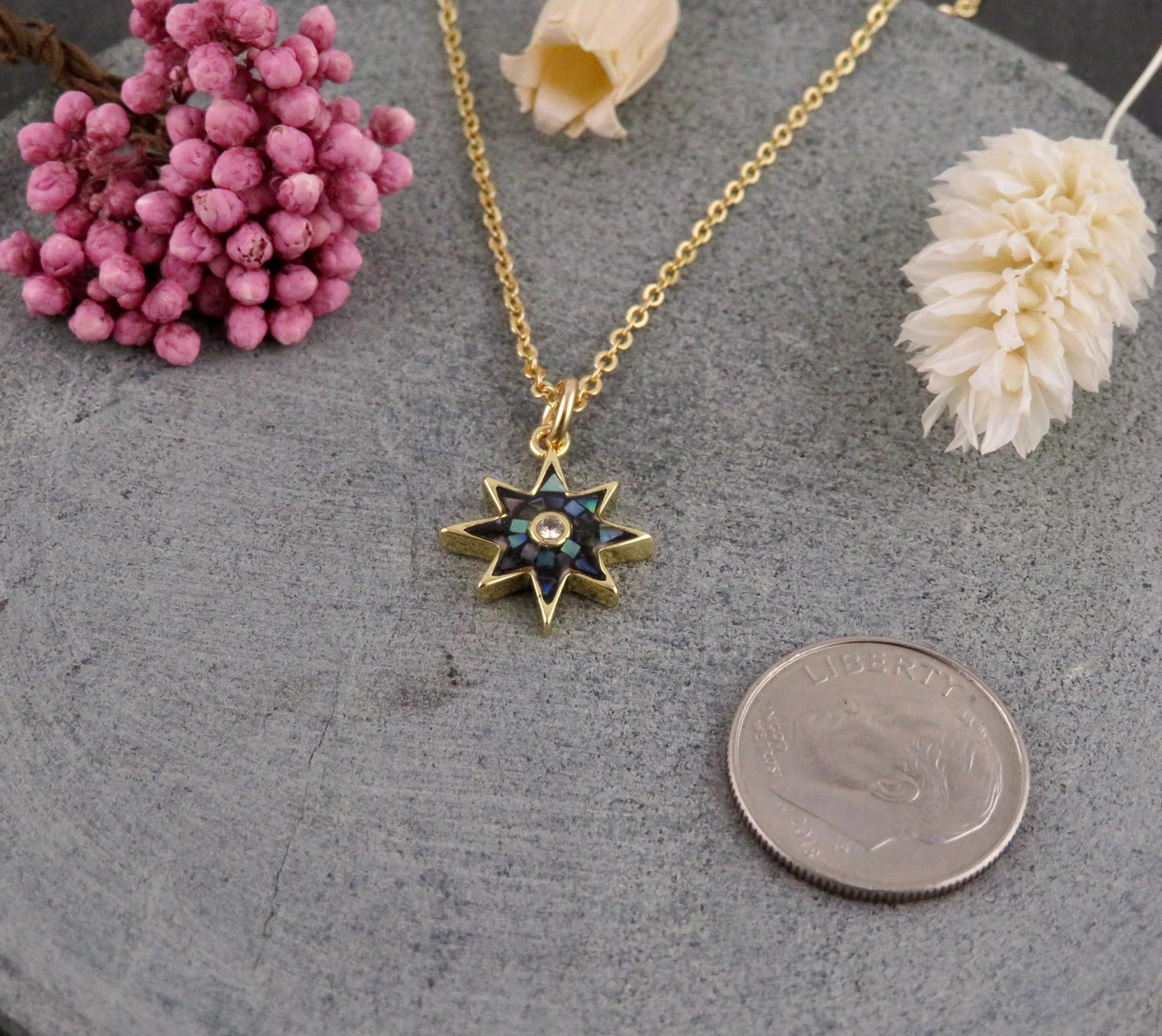 Gold Star Necklace | Mosaic Pearl Charm | Mother of Pearl Pendant | Dark Pearl Necklace | Opalescent Charm