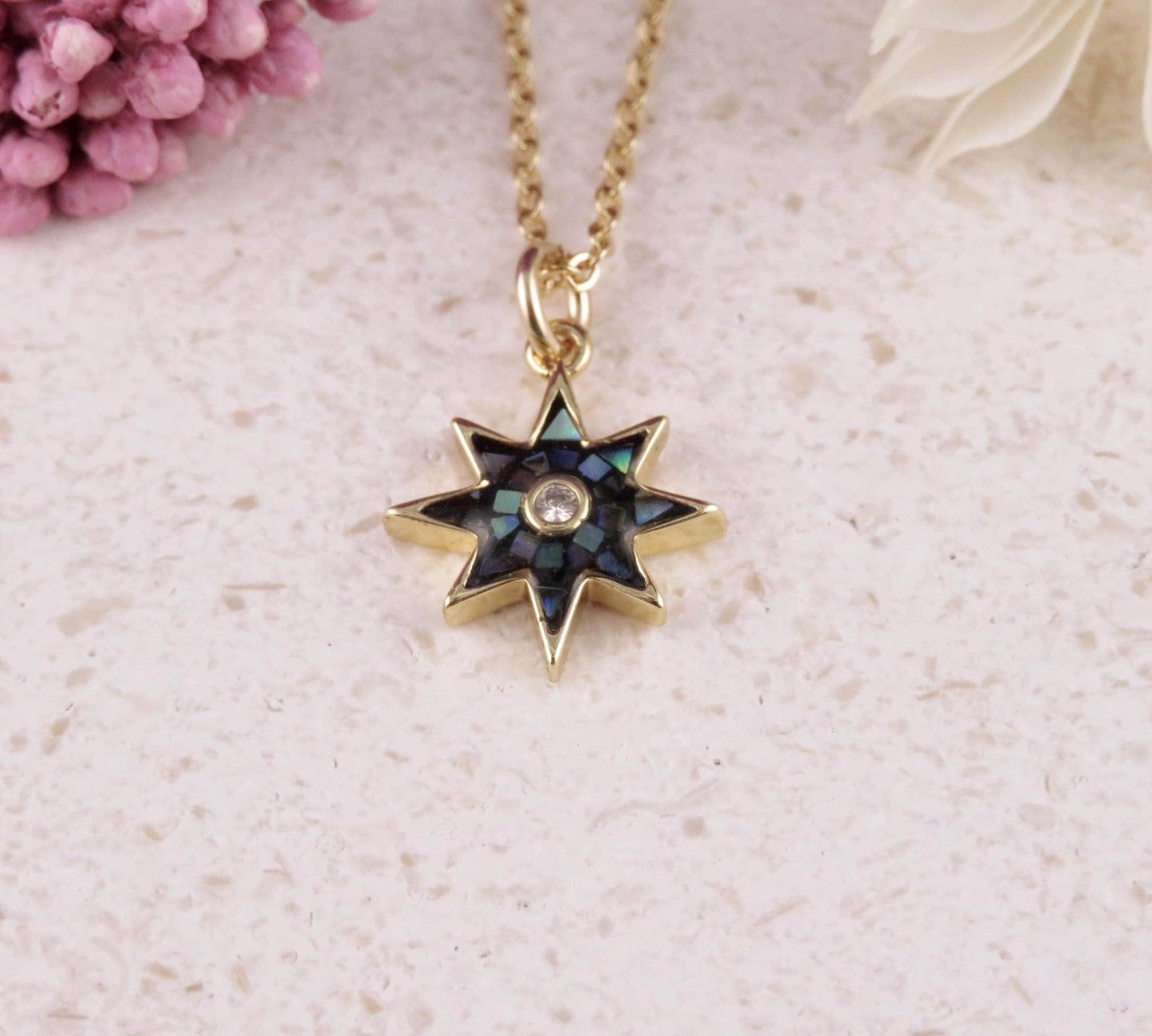 Gold Star Necklace | Mosaic Pearl Charm | Mother of Pearl Pendant | Dark Pearl Necklace | Opalescent Charm
