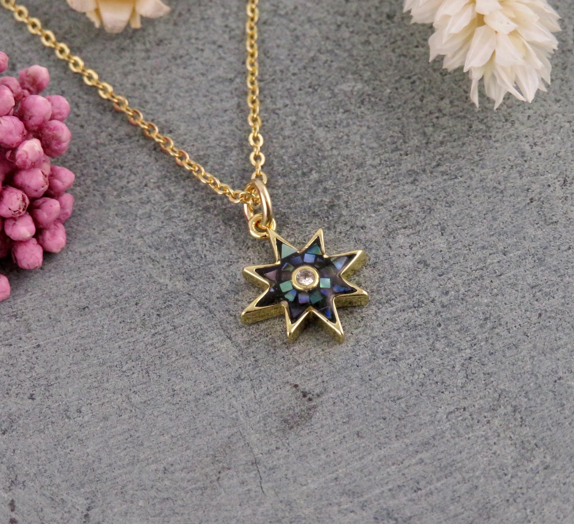 Gold Star Necklace | Mosaic Pearl Charm | Mother of Pearl Pendant | Dark Pearl Necklace | Opalescent Charm