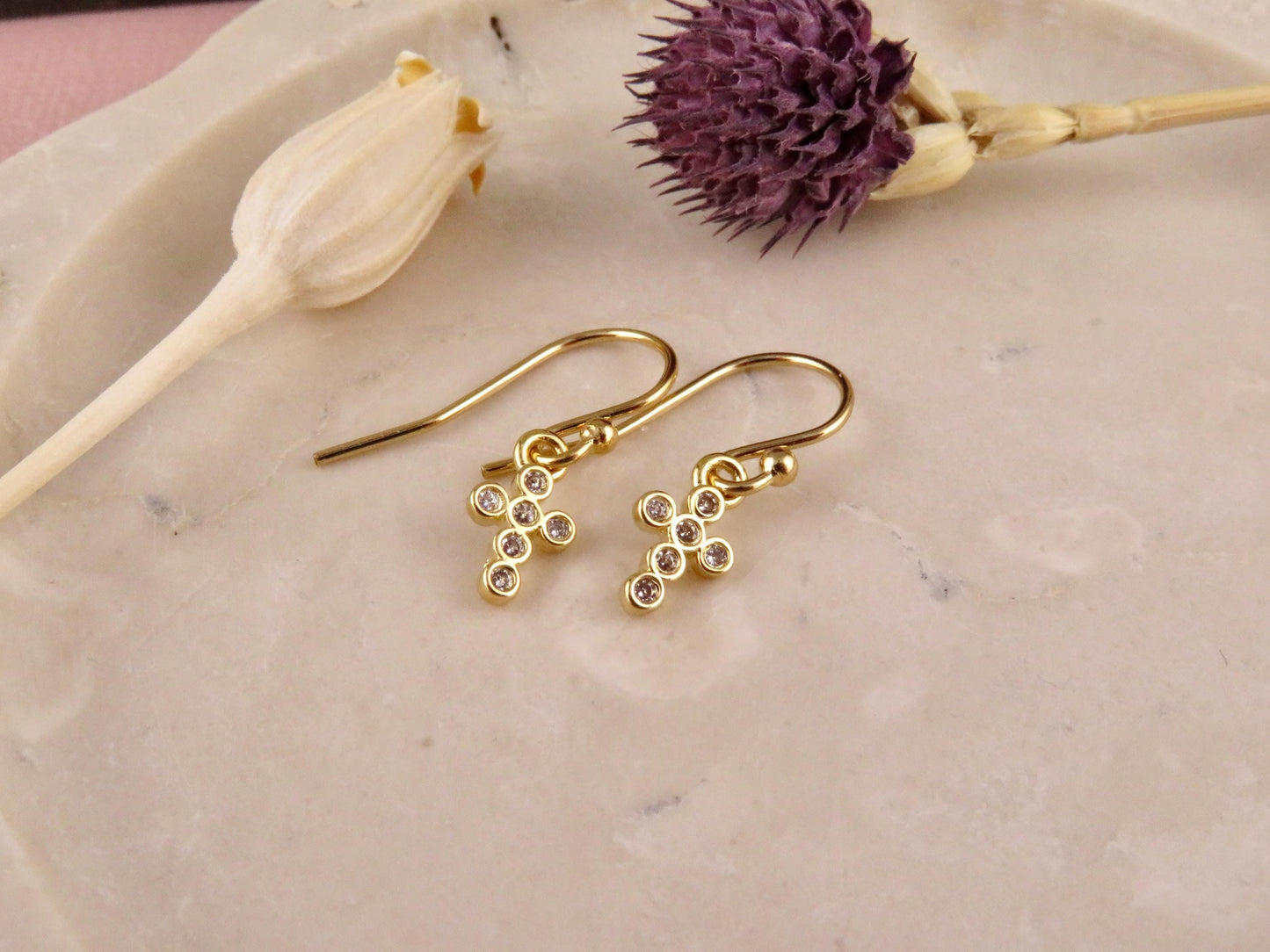 Tiny Gold Cross Earrings | Gold Filled Mini Cross Earrings | CZ Small Cross | Sweet Little Crosses