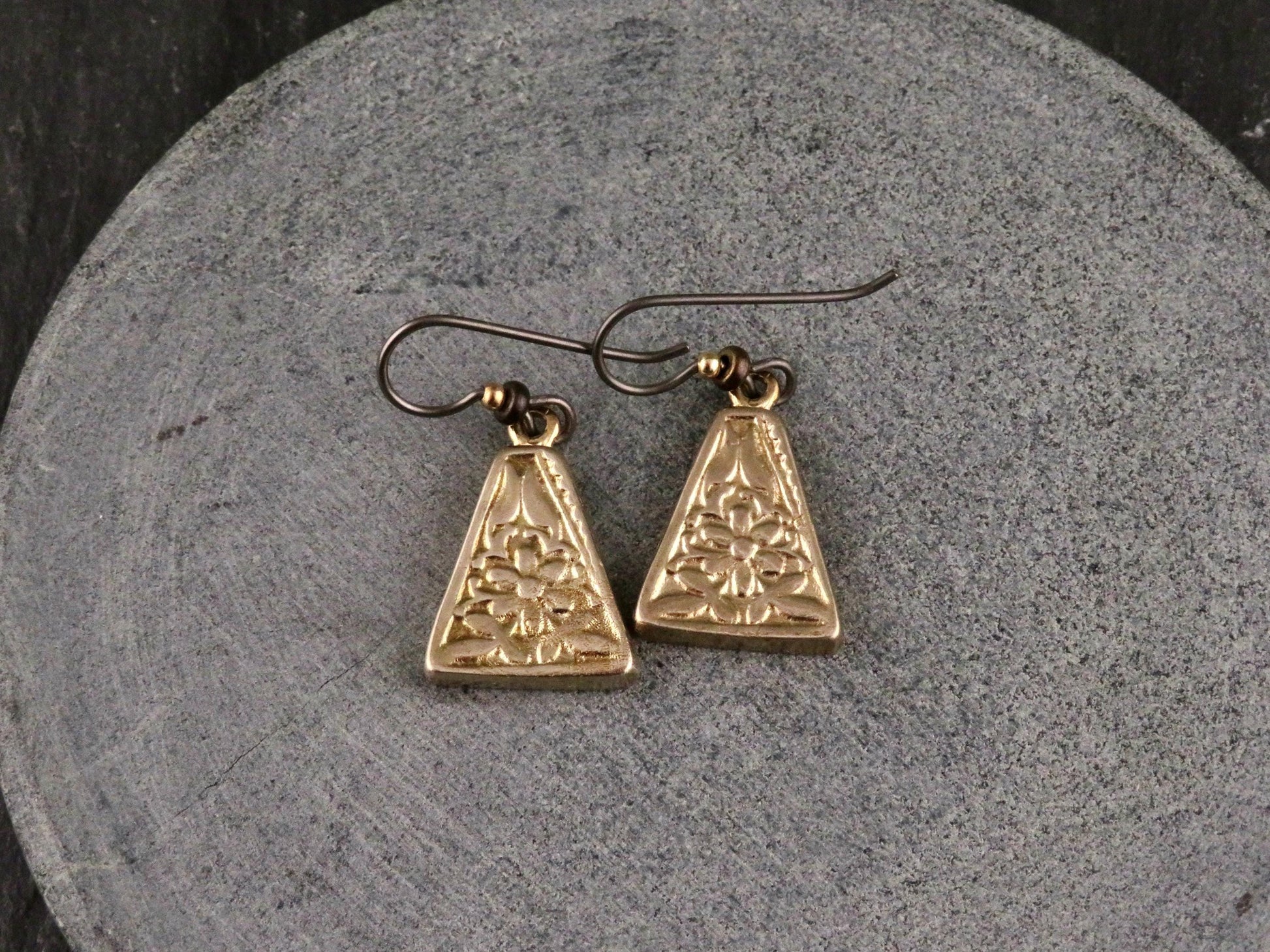Gold Nature Earrings | Bronze Floral Pendants | Gold Rustic Hoop Earrings | Triangle Earrings Unique | Organic Design