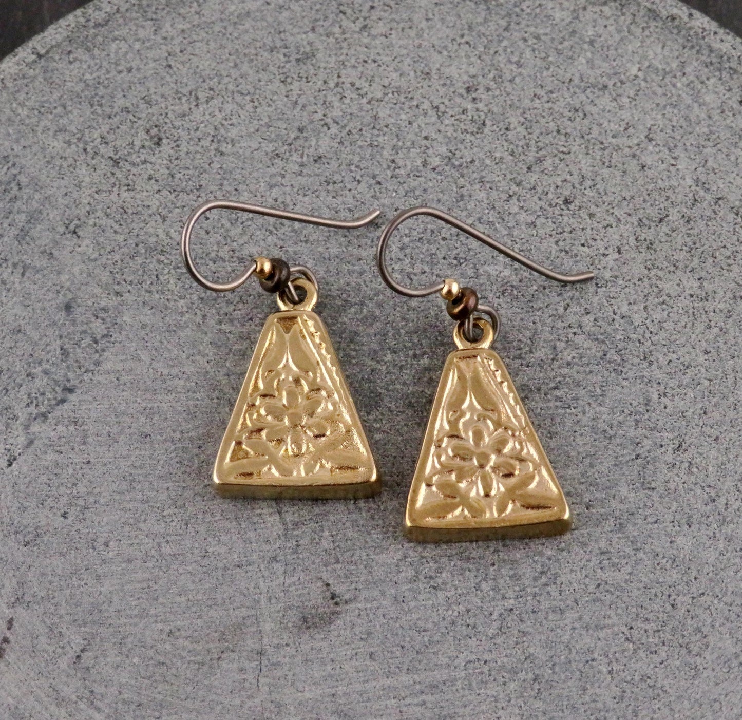 Gold Nature Earrings | Bronze Floral Pendants | Gold Rustic Hoop Earrings | Triangle Earrings Unique | Organic Design