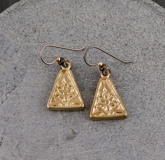 Gold Nature Earrings | Bronze Floral Pendants | Gold Rustic Hoop Earrings | Triangle Earrings Unique | Organic Design