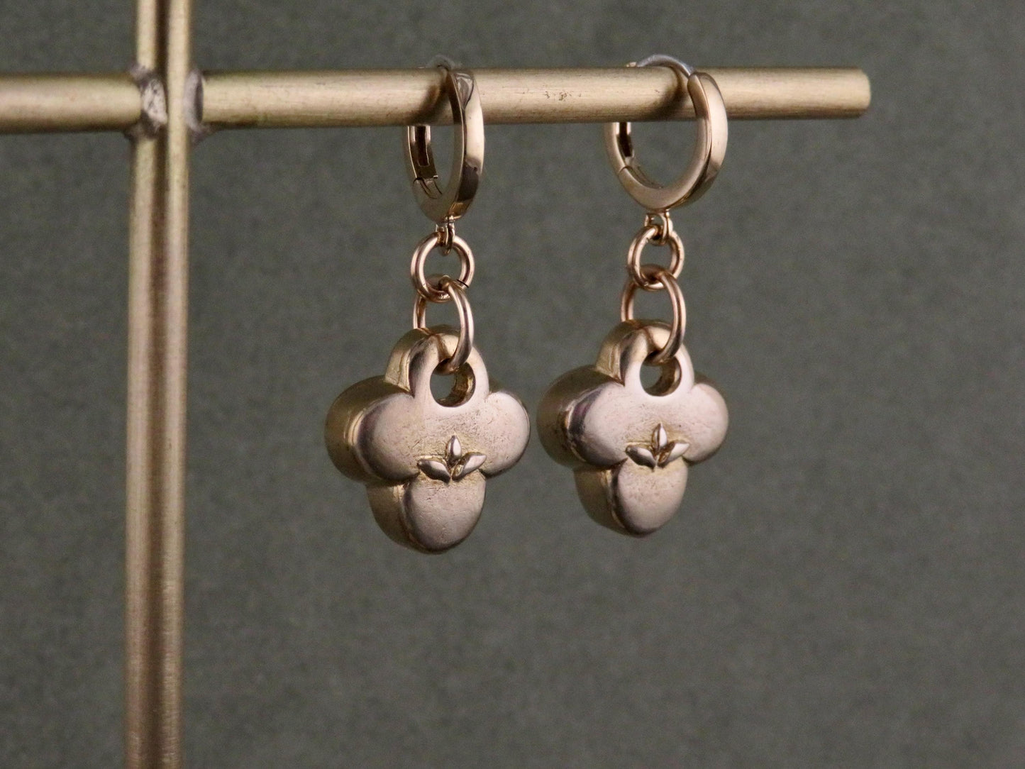 Gold Natural Earrings | Bronze Floral Hoops | Gold Rustic Hoops | Gold Clover Earrings | Organic Hoops | Quatrefoil Charms