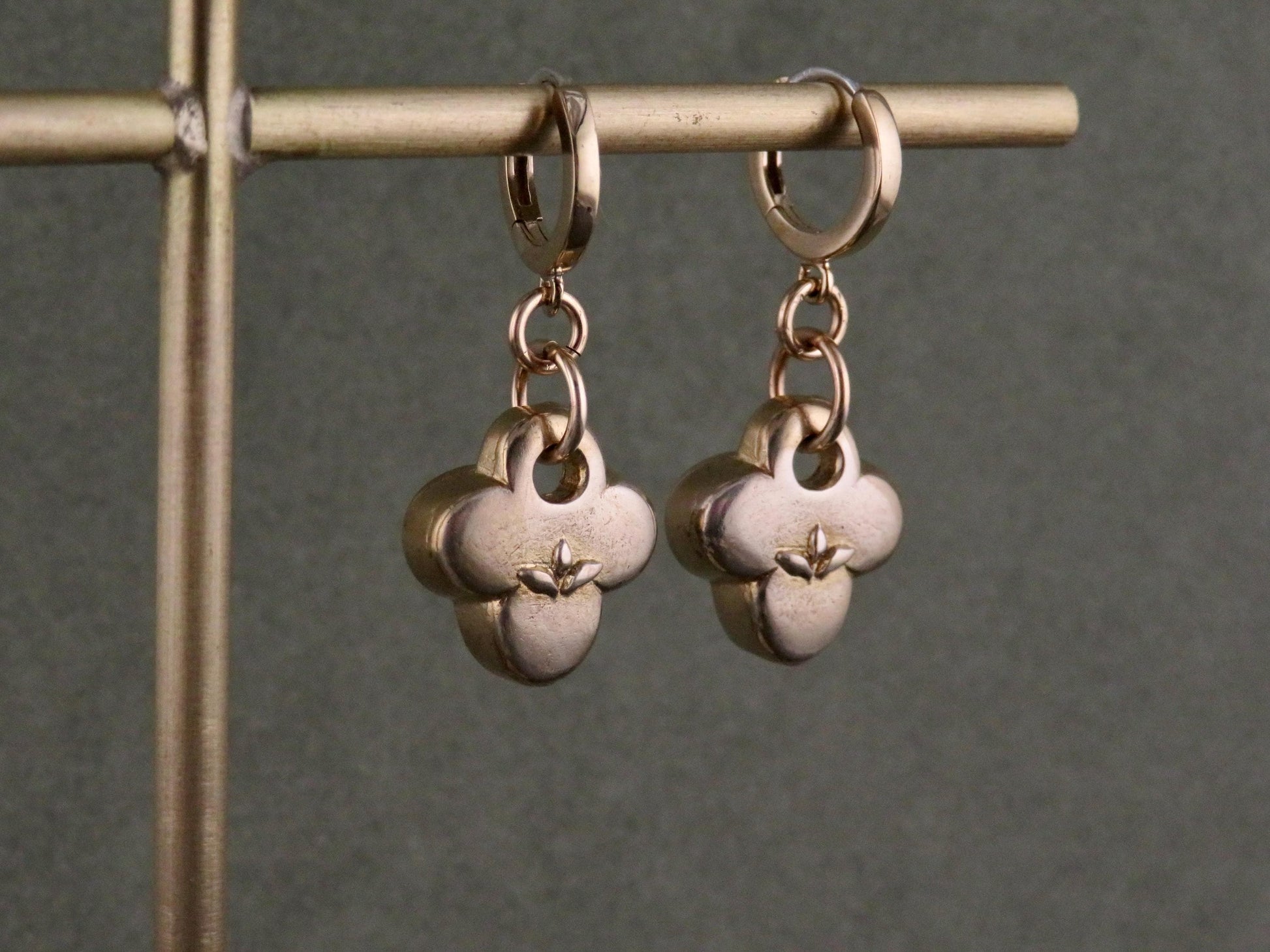 Gold Natural Earrings | Bronze Floral Hoops | Gold Rustic Hoops | Gold Clover Earrings | Organic Hoops | Quatrefoil Charms