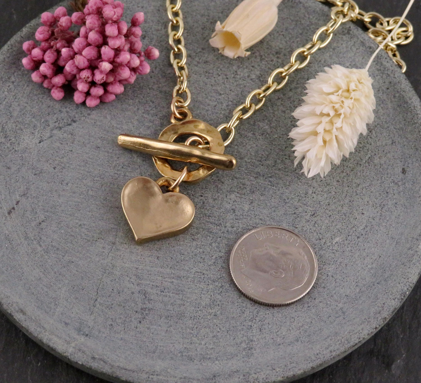 Gold Heart Necklace | Hammered Heart Pendant | Unique Gold Heart Necklace | Front Toggle Heart Necklace | Bronze Heart Charm