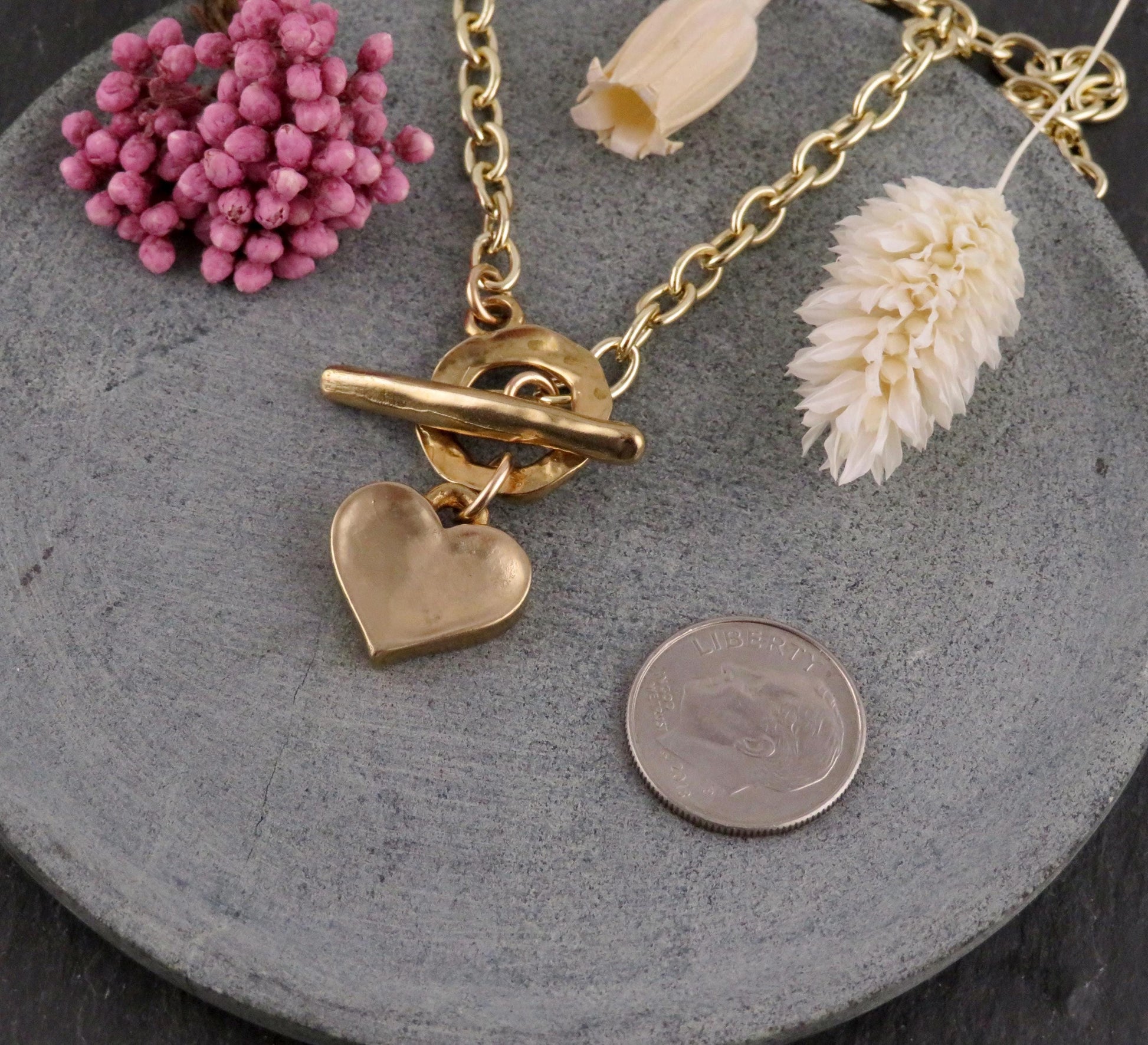 Gold Heart Necklace | Hammered Heart Pendant | Unique Gold Heart Necklace | Front Toggle Heart Necklace | Bronze Heart Charm