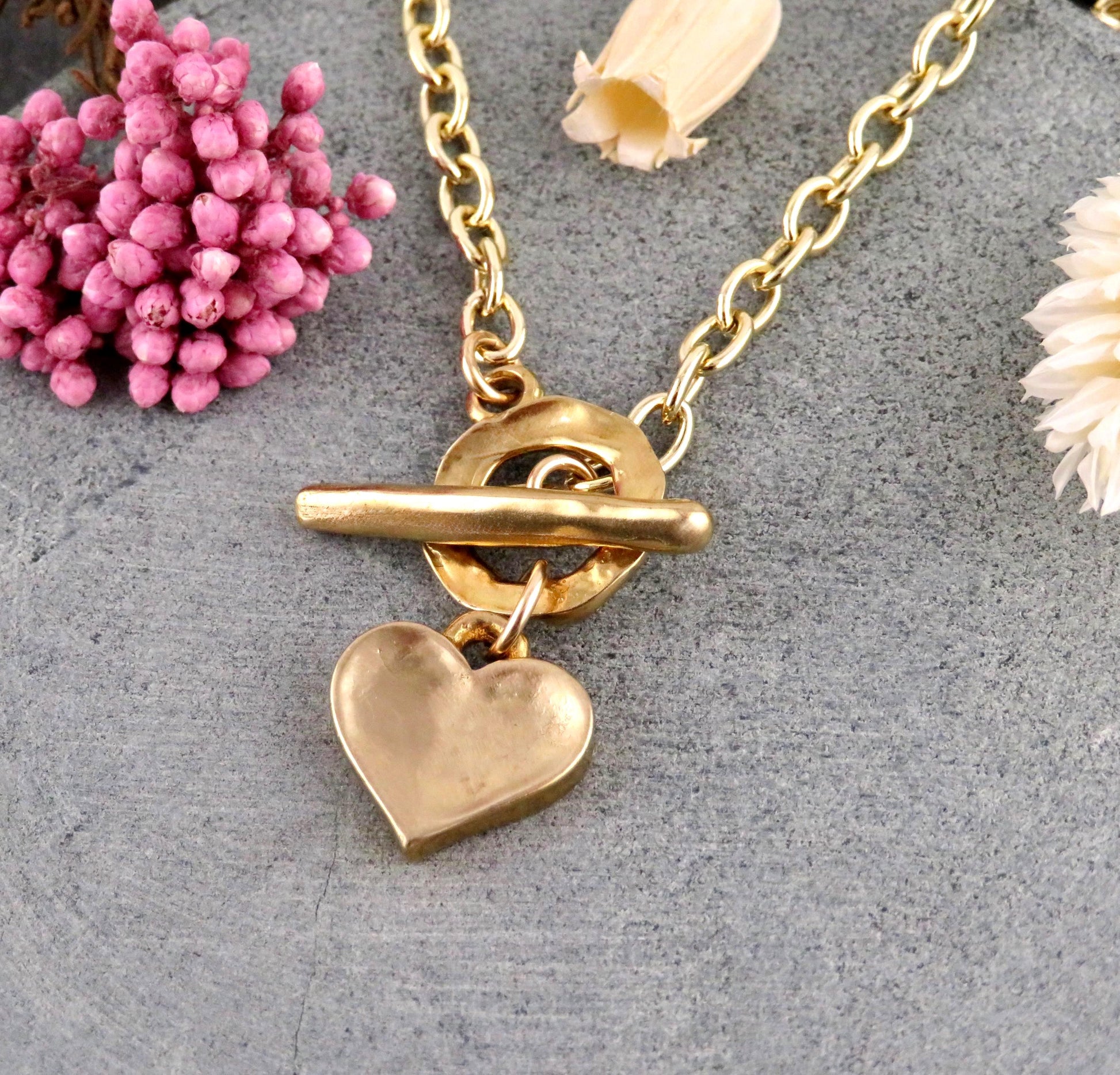 Gold Heart Necklace | Hammered Heart Pendant | Unique Gold Heart Necklace | Front Toggle Heart Necklace | Bronze Heart Charm