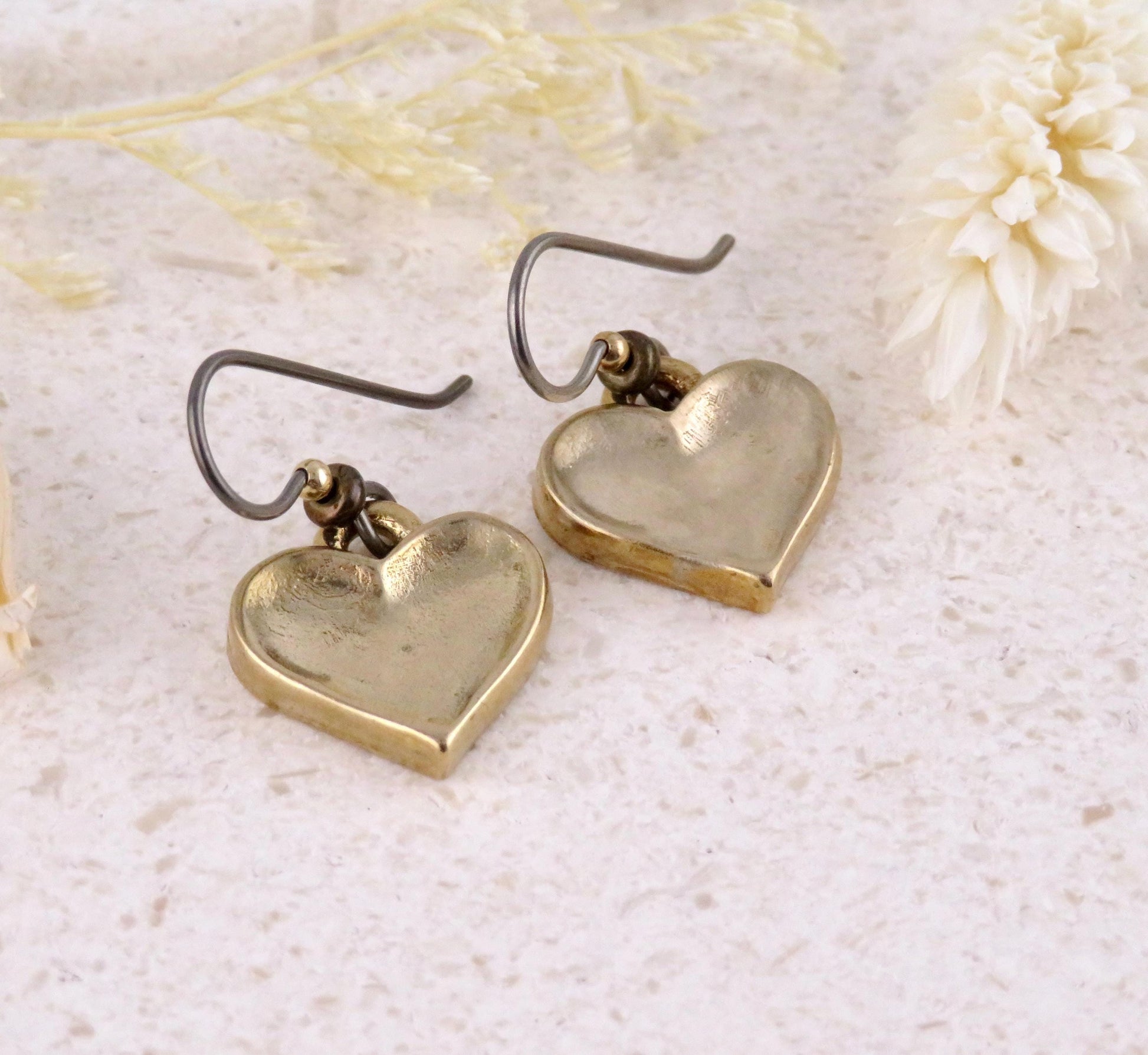 Gold Heart Earrings | Hammered Hearts | Unique Gold Hearts | Bronze Heart Charms