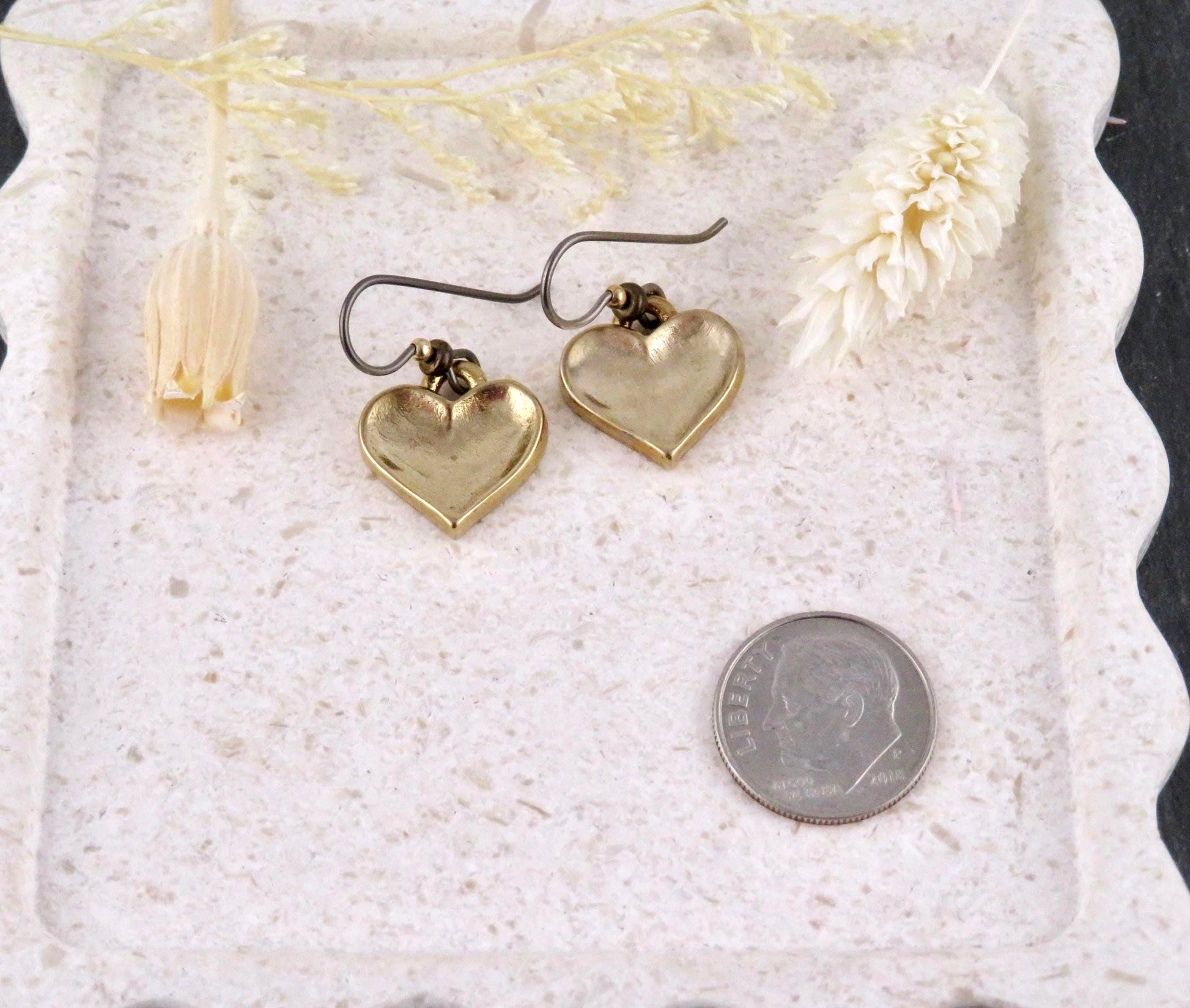 Gold Heart Earrings | Hammered Hearts | Unique Gold Hearts | Bronze Heart Charms