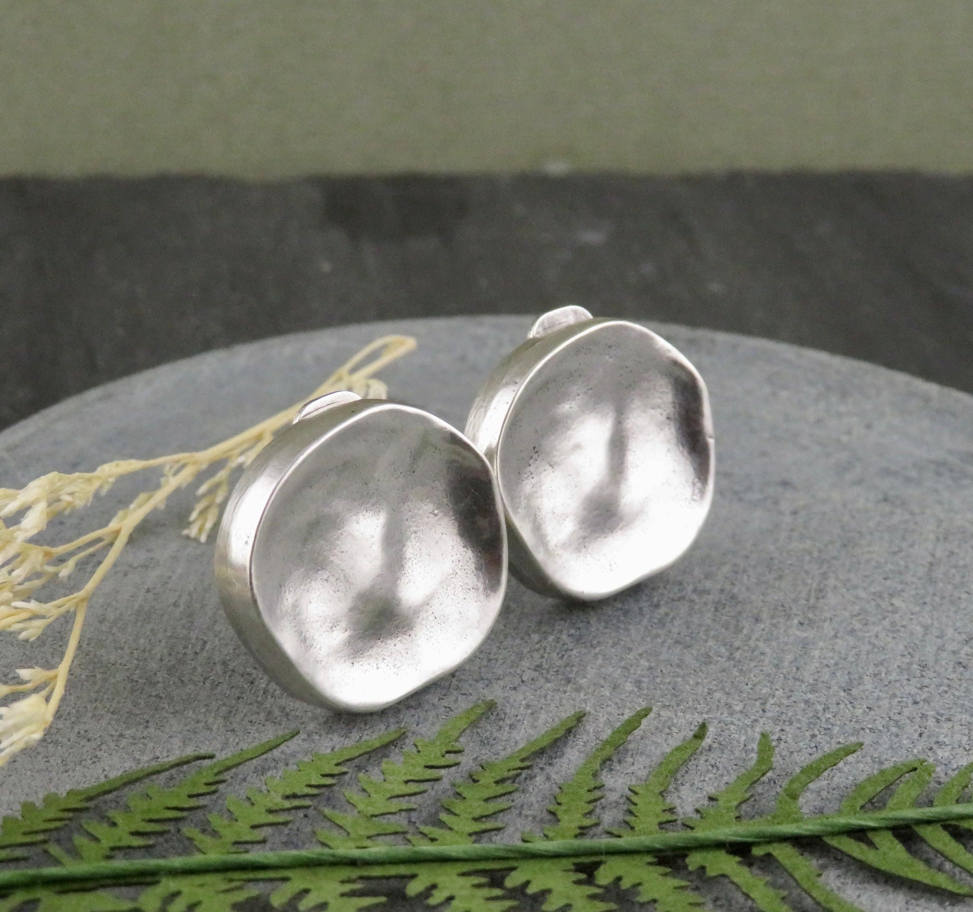 Hammered Round Clip On Earrings - Silver