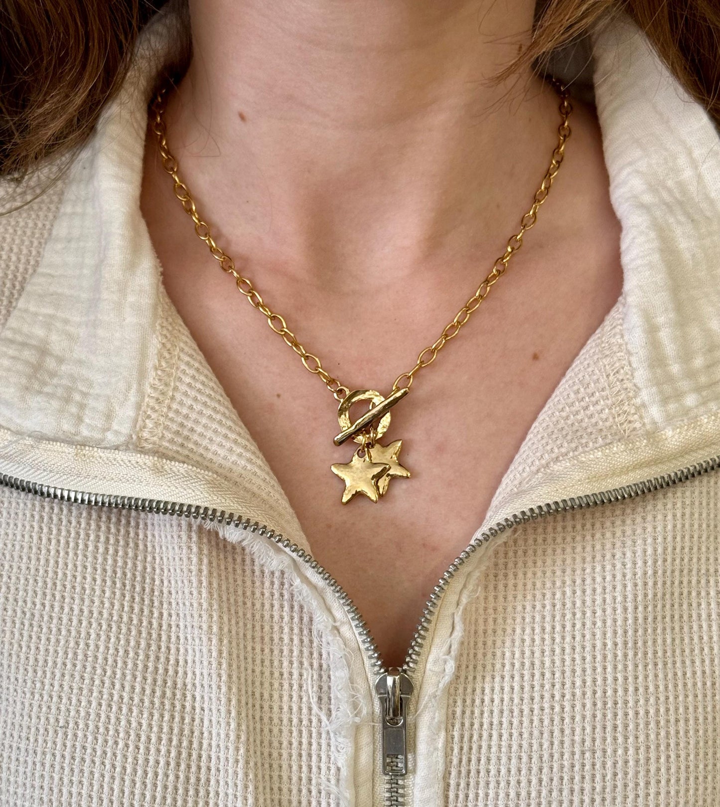 Hammered Gold Stars Necklace | Two Stars Necklace | Unique Star Necklace | Front Toggle Star Necklace