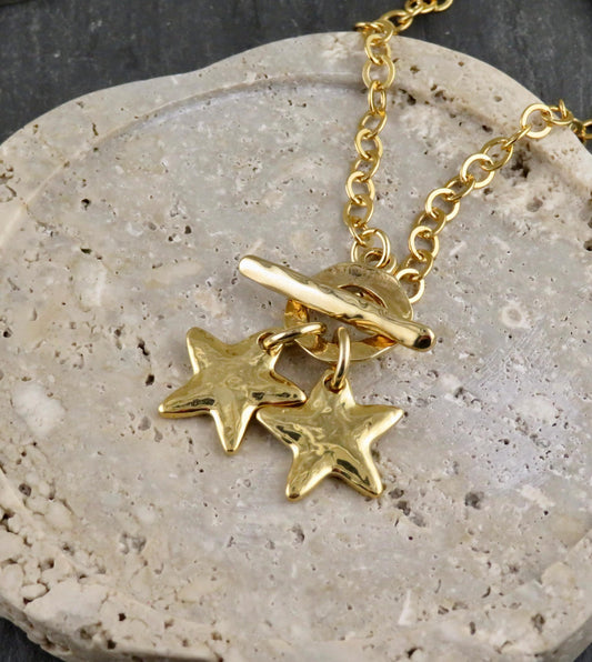 Hammered Gold Stars Necklace | Two Stars Necklace | Unique Star Necklace | Front Toggle Star Necklace