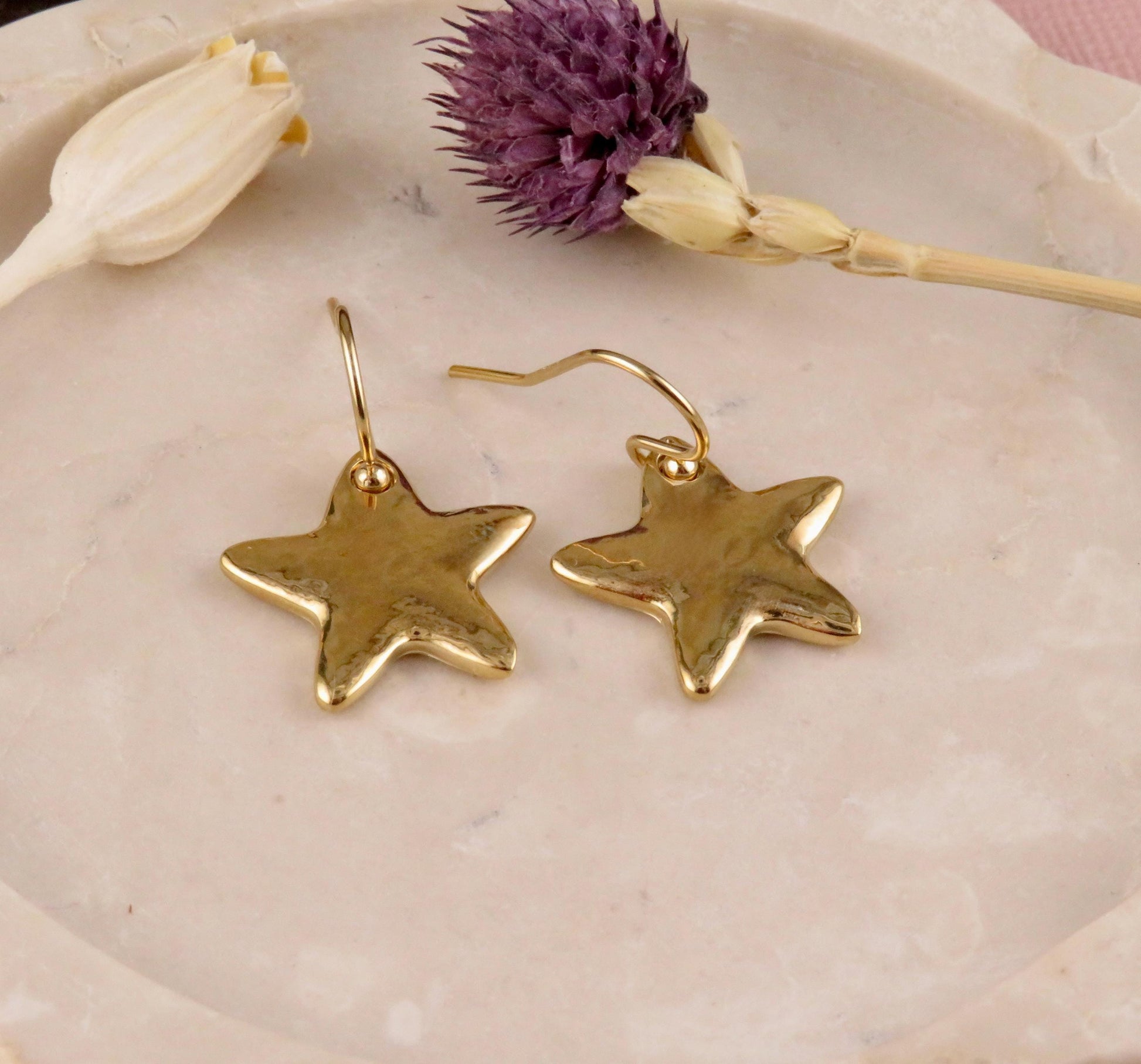 Hammered Gold Stars Earrings | Gold Star Earrings | Shiny Gold Star Earrings