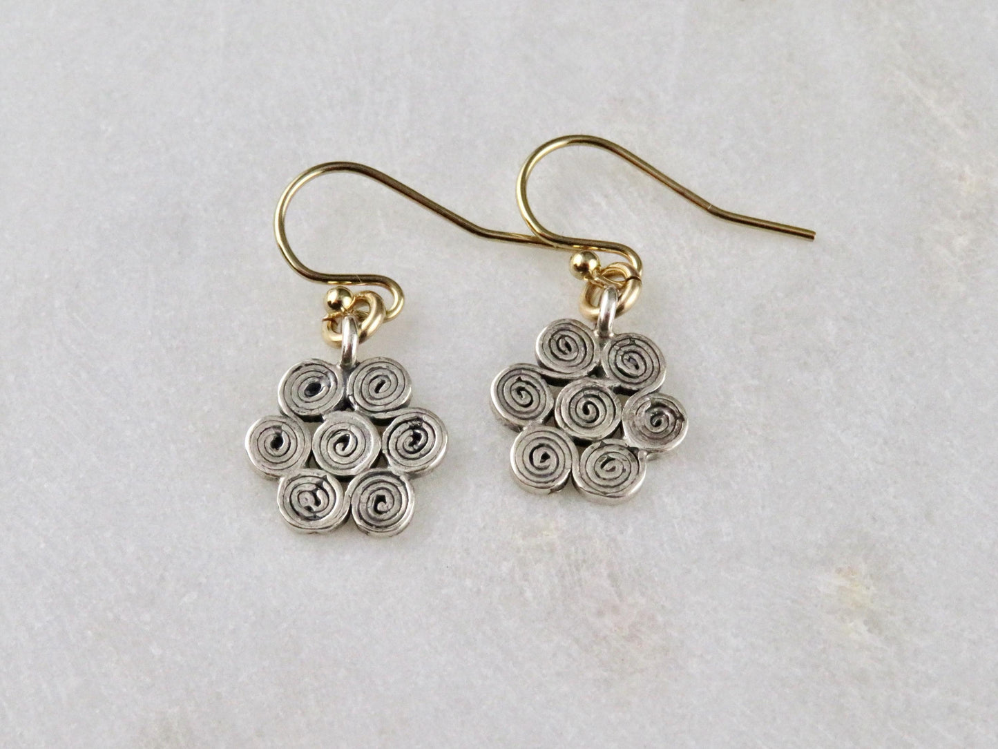 Sterling Spiral Earrings | Mixed Metal Earrings | Silver Flower Earrings | Flower Spirals | Geometric Earrings