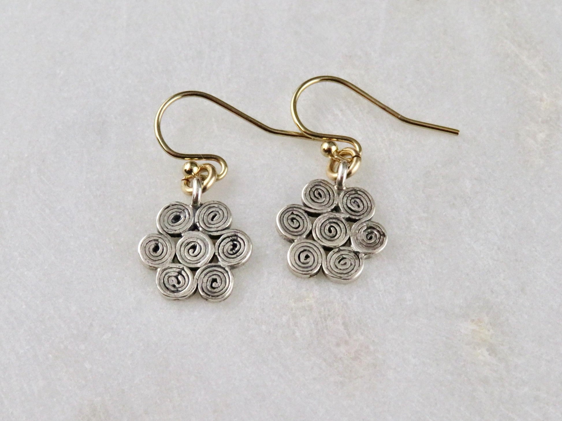 Sterling Spiral Earrings | Mixed Metal Earrings | Silver Flower Earrings | Flower Spirals | Geometric Earrings