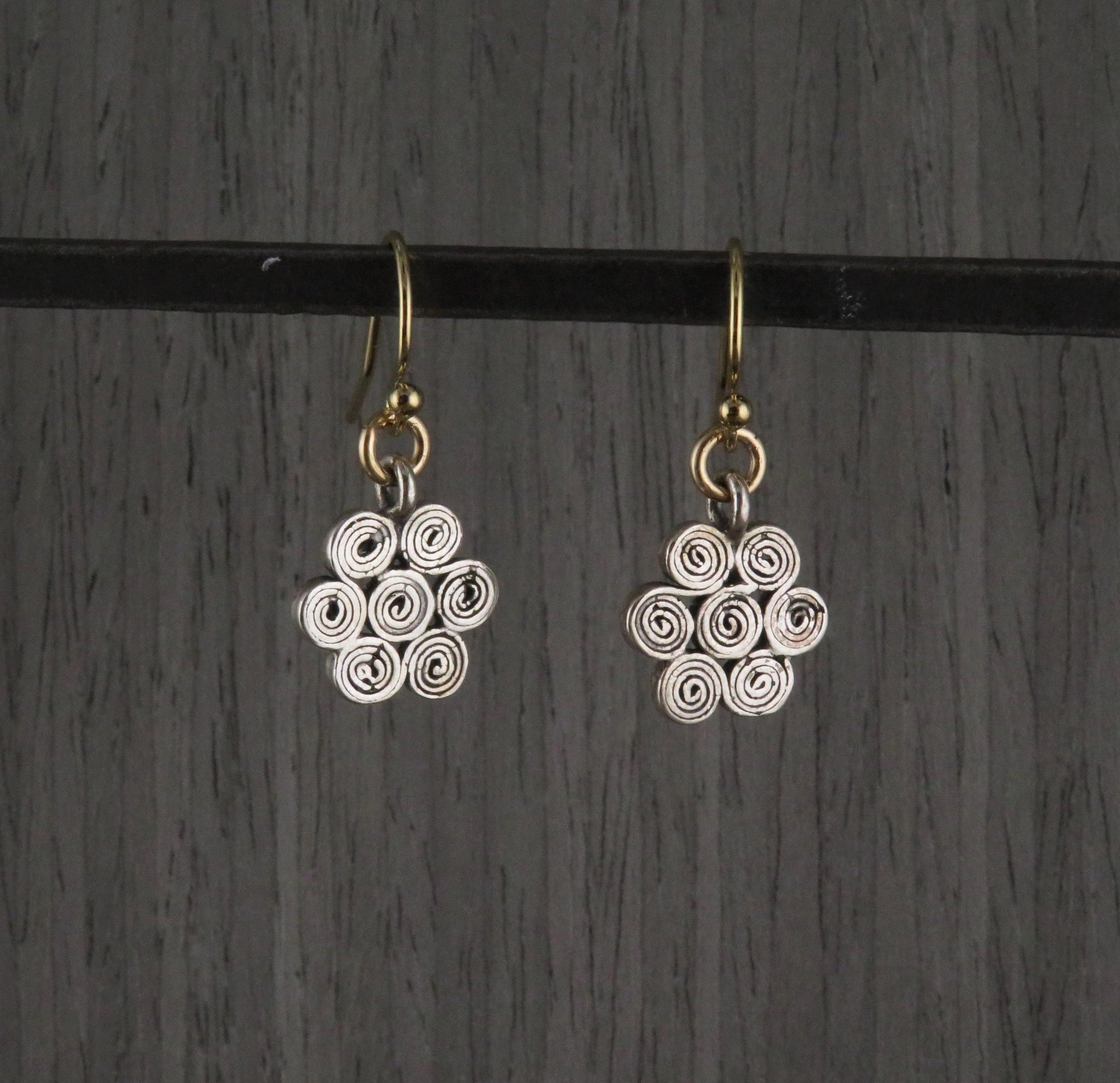 Sterling Spiral Earrings | Mixed Metal Earrings | Silver Flower Earrings | Flower Spirals | Geometric Earrings