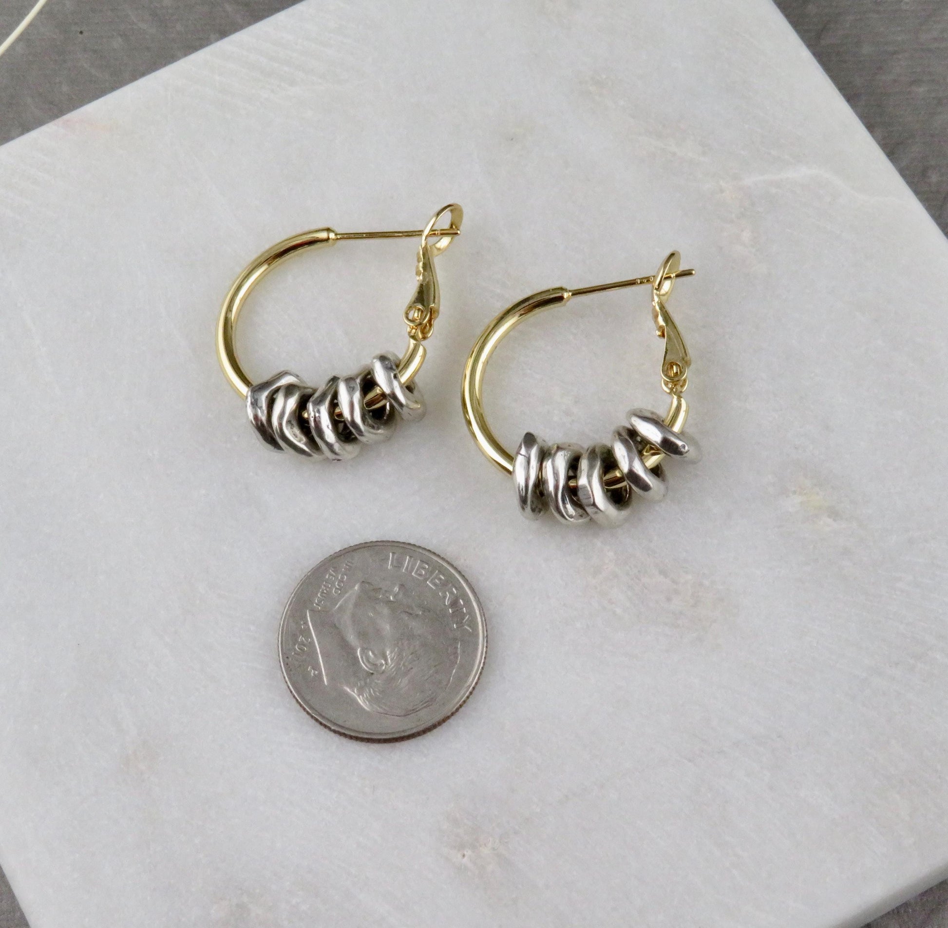 Two Tone Hoop Earrings | Silver and Gold Earrings | Mixed Metal Earrings | Hammered Hoops | Silver Dangles | Unique Hoops