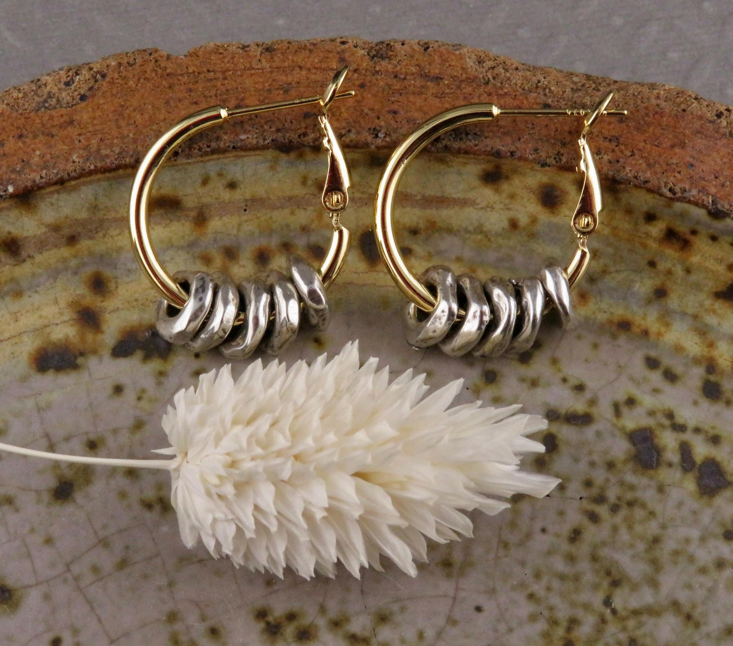Two Tone Hoop Earrings | Silver and Gold Earrings | Mixed Metal Earrings | Hammered Hoops | Silver Dangles | Unique Hoops