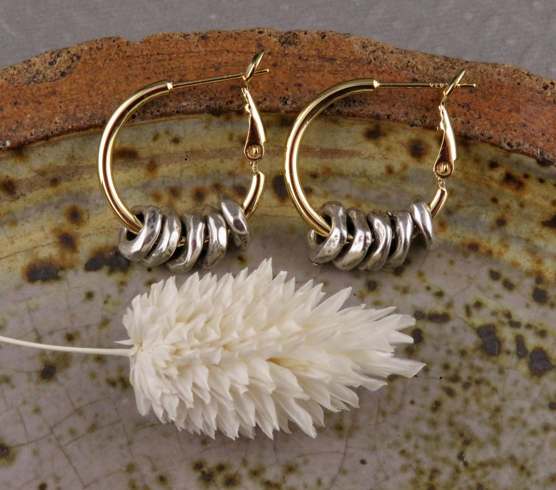 Two Tone Hoop Earrings | Silver and Gold Earrings | Mixed Metal Earrings | Hammered Hoops | Silver Dangles | Unique Hoops