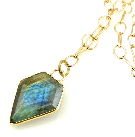 Arrowhead Gem Necklace | Long Labradorite Pendant | Labradorite Shield Necklace | Gemstone Long Necklace | Labradorite Chunky Gold Necklace