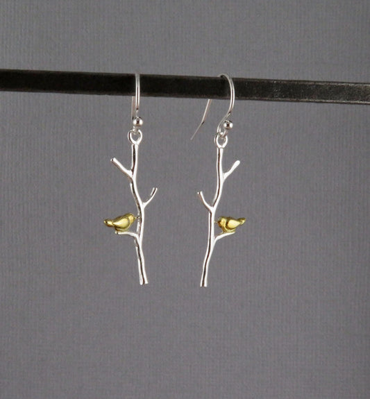 Bird on Branch Earrings - Sterling