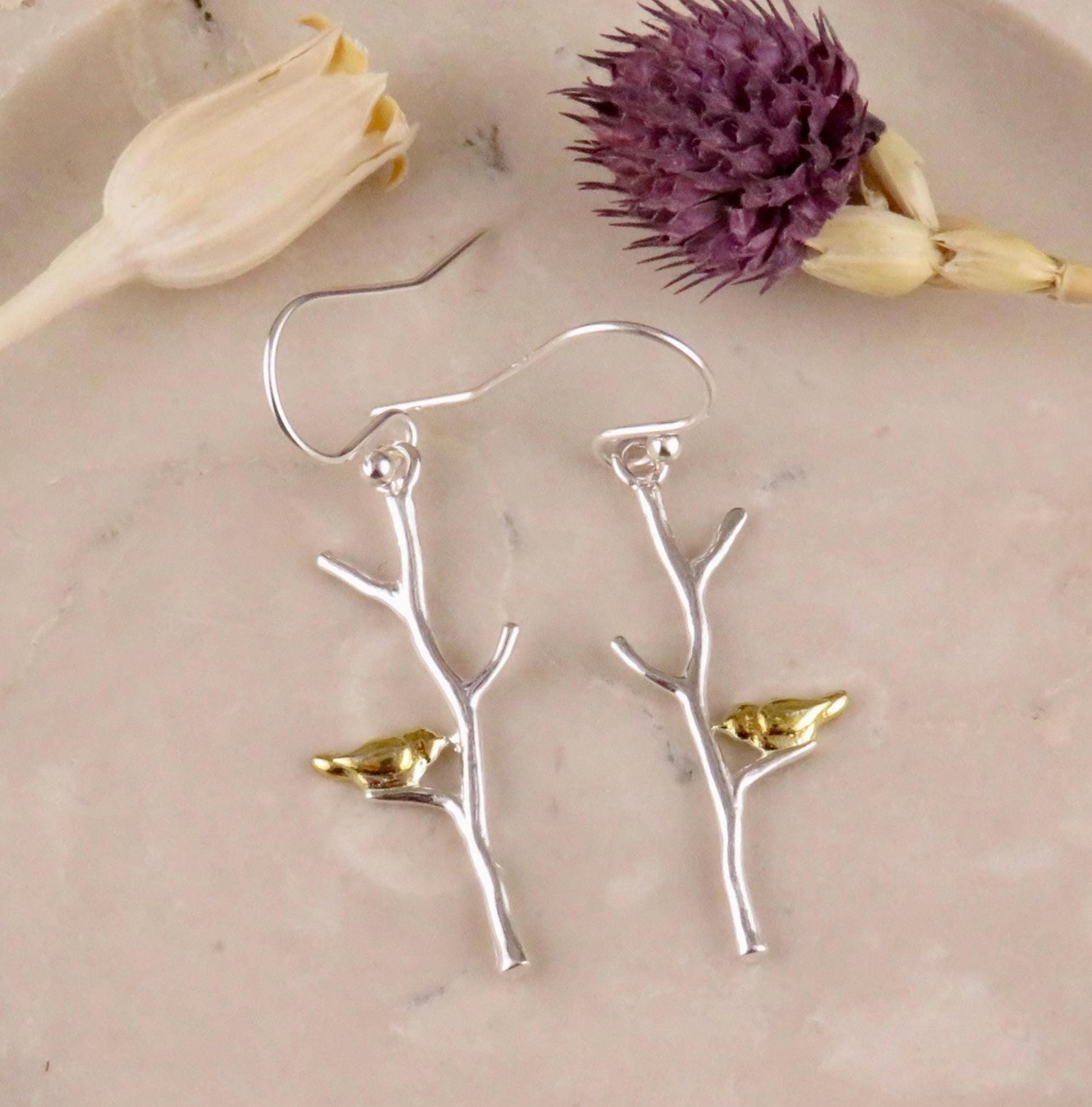 Bird on Branch Earrings - Sterling