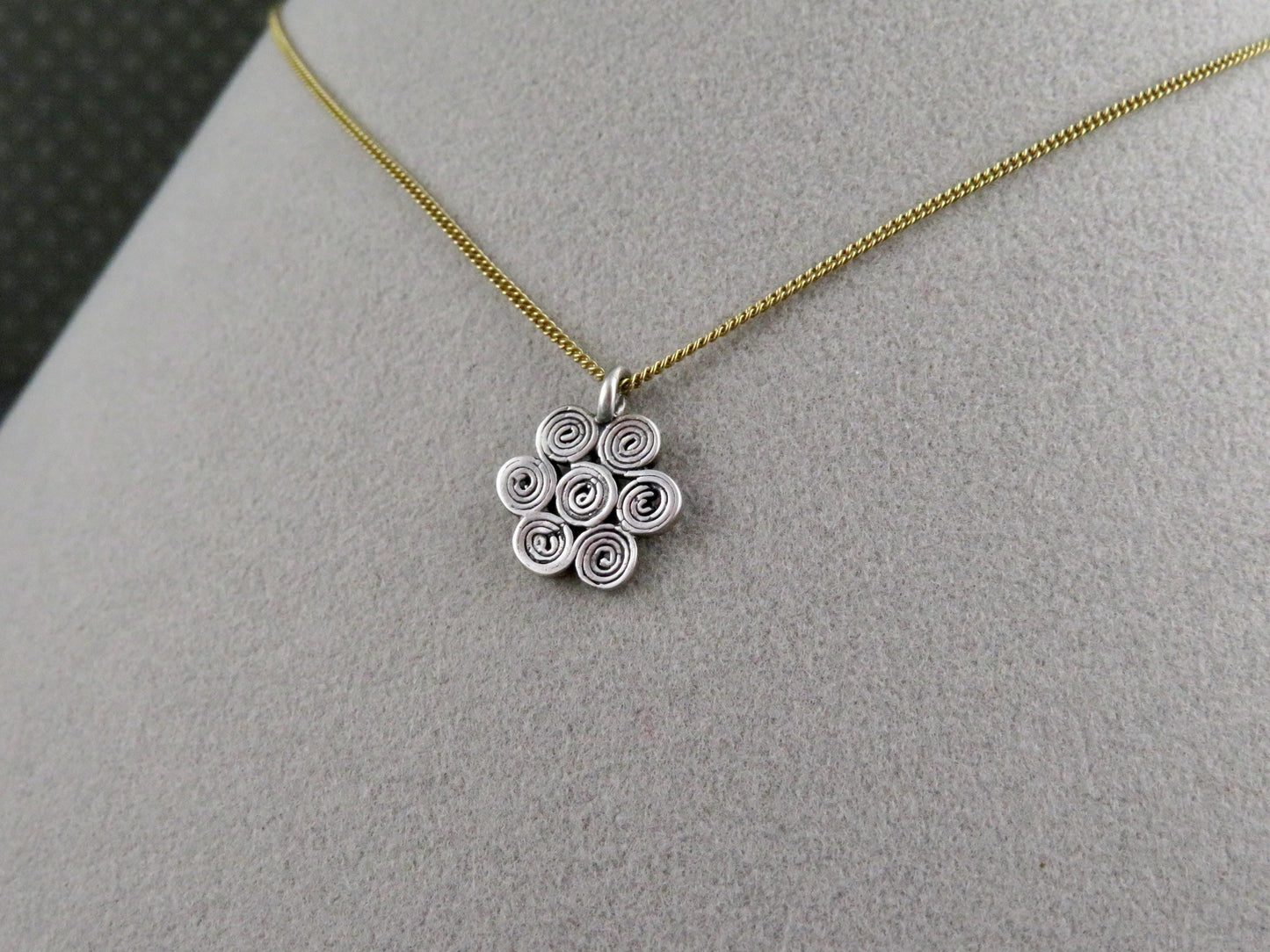Sterling Flower Necklace | Mixed Metal Necklace | Silver Flower Necklace | Flower Spirals Pendant | Geometric Necklace | Two Tone Necklace