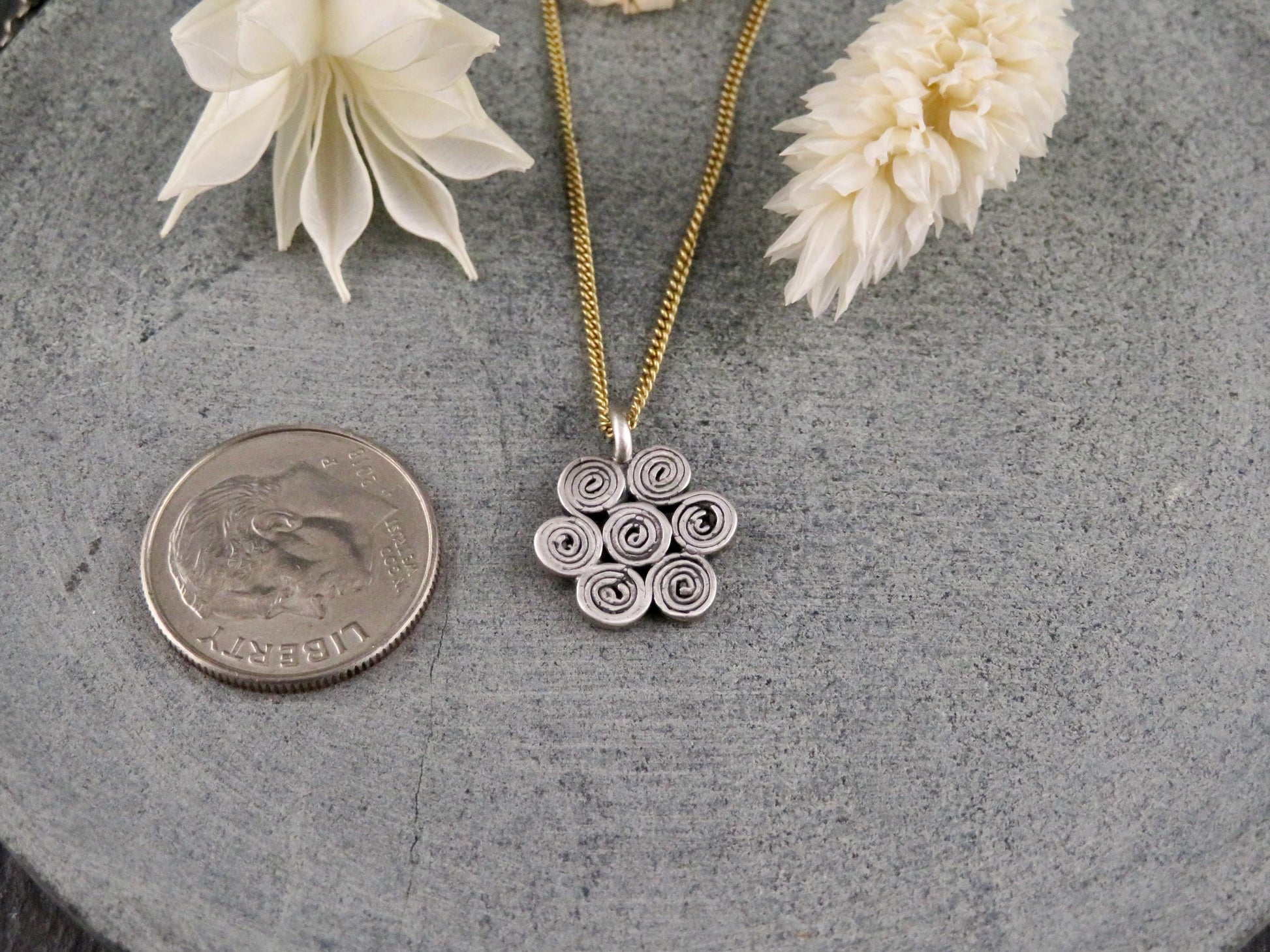 Sterling Flower Necklace | Mixed Metal Necklace | Silver Flower Necklace | Flower Spirals Pendant | Geometric Necklace | Two Tone Necklace