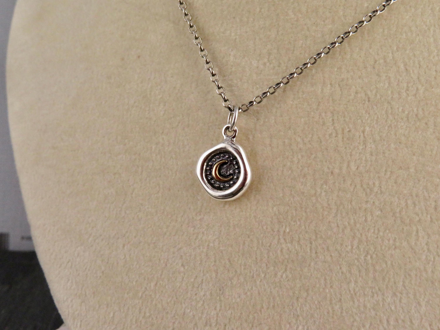 Sterling Moon Necklace | Rustic Moon Necklace | Silver Gold Wax Seal | Mixed Metal Moon | Framed Moon Coin