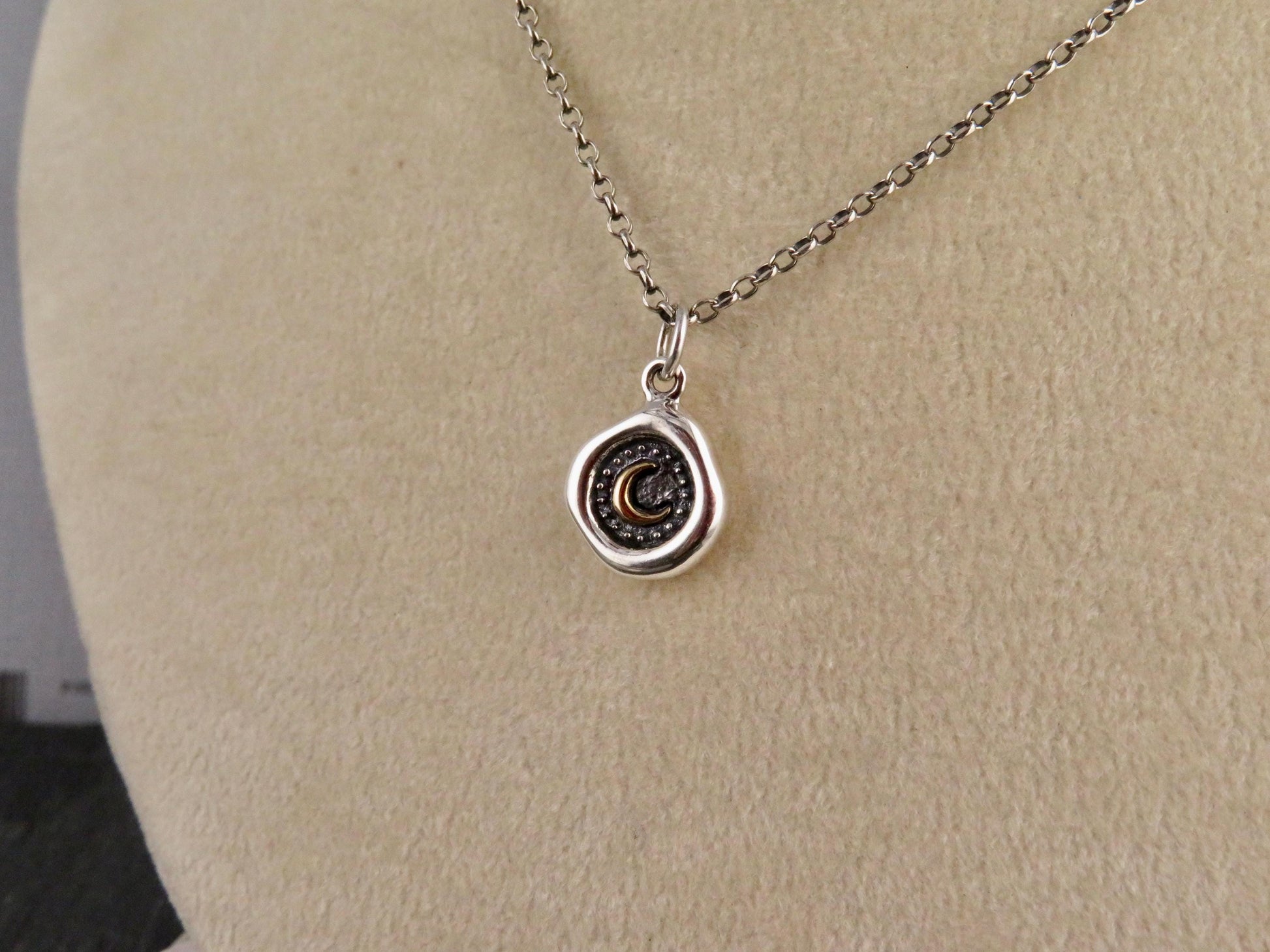 Sterling Moon Necklace | Rustic Moon Necklace | Silver Gold Wax Seal | Mixed Metal Moon | Framed Moon Coin