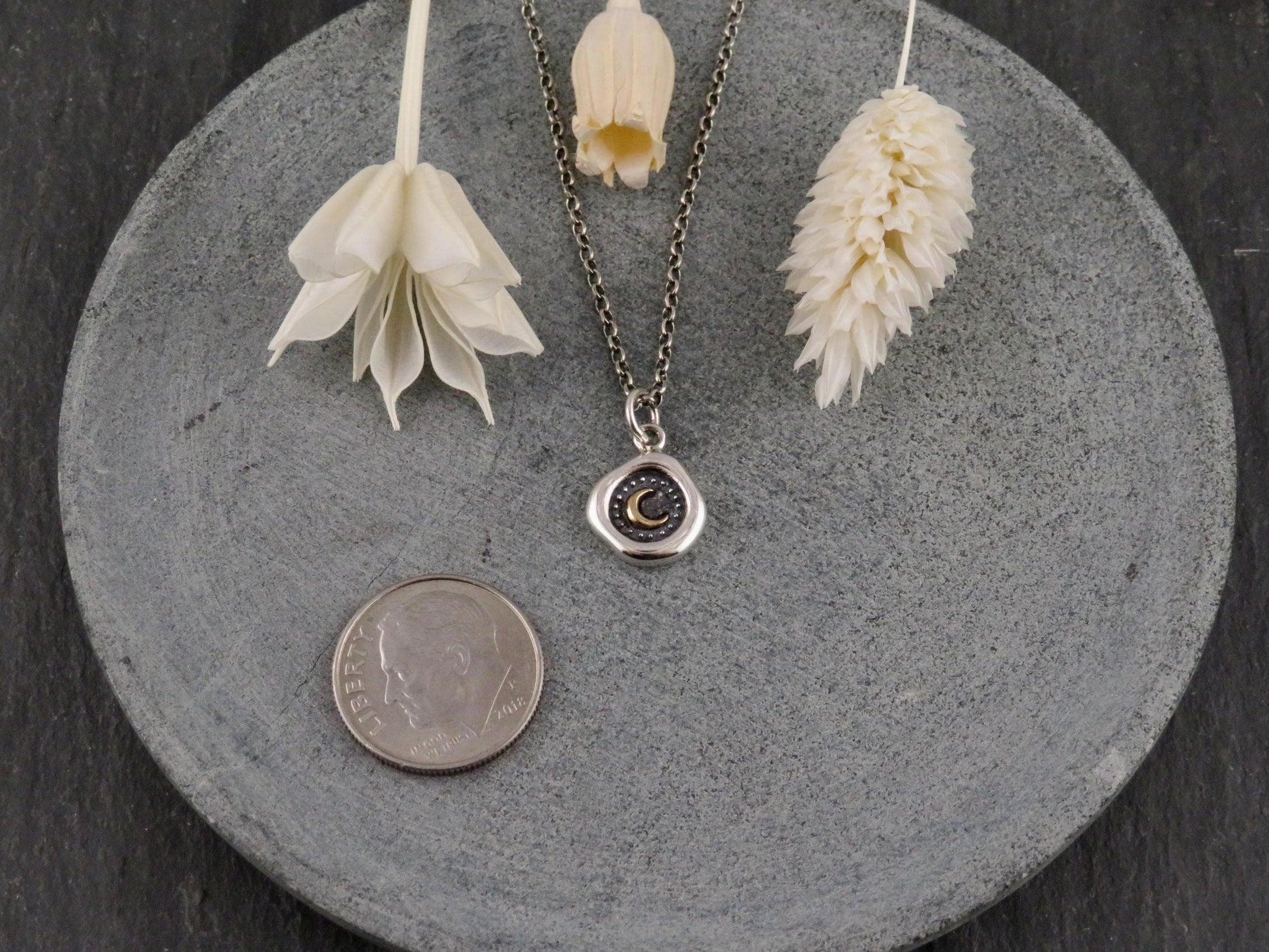 Sterling Moon Necklace | Rustic Moon Necklace | Silver Gold Wax Seal | Mixed Metal Moon | Framed Moon Coin
