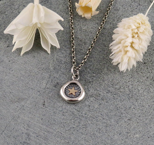 Sterling Star Necklace | Rustic Star Necklace | Silver Gold Star | Star Wax Seal | Mixed Metal Star | Framed Star Coin